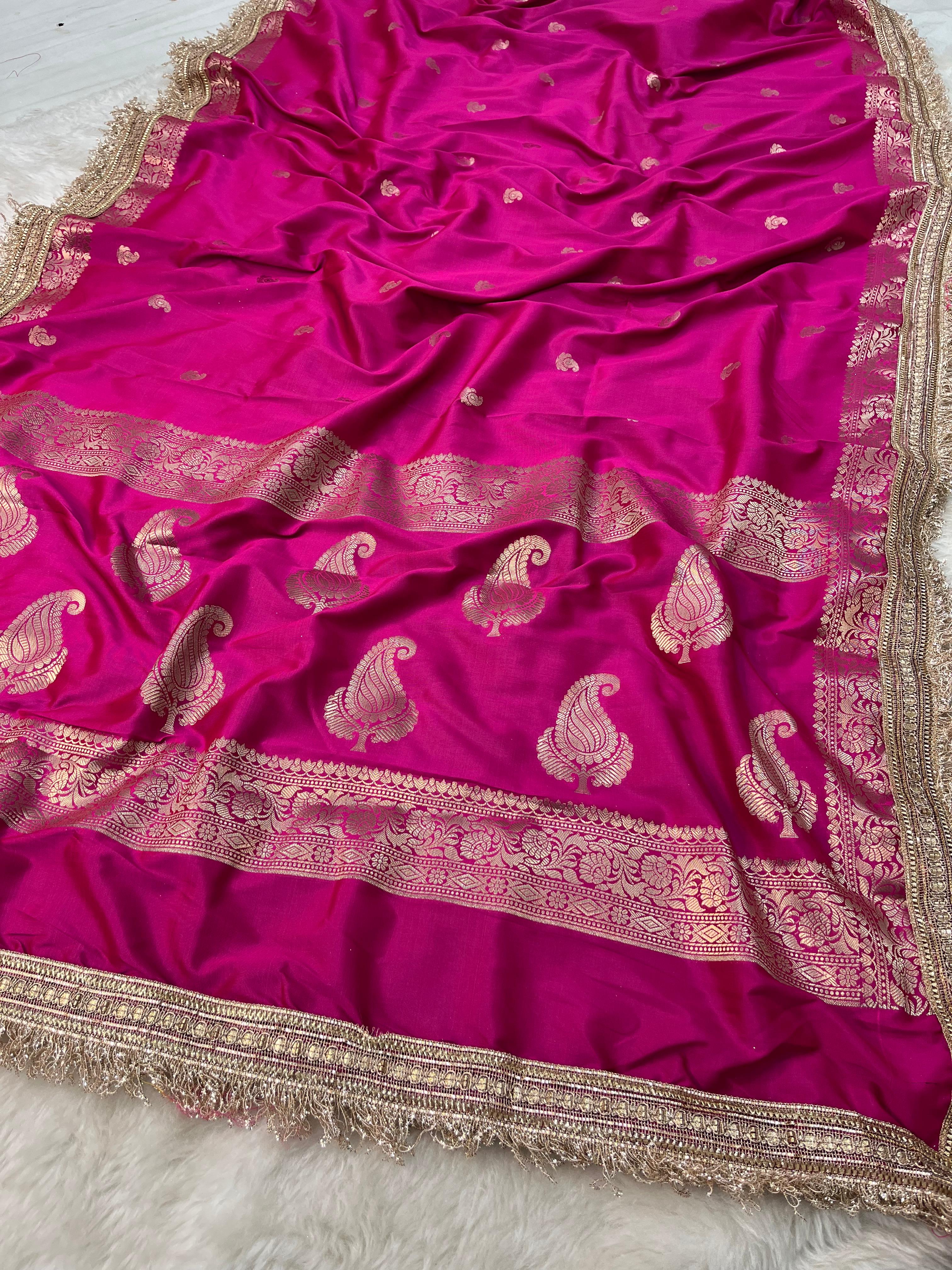 Dark Pink Soft Silk Saree with Zari Kalka Buta and Fringe Lace Border
