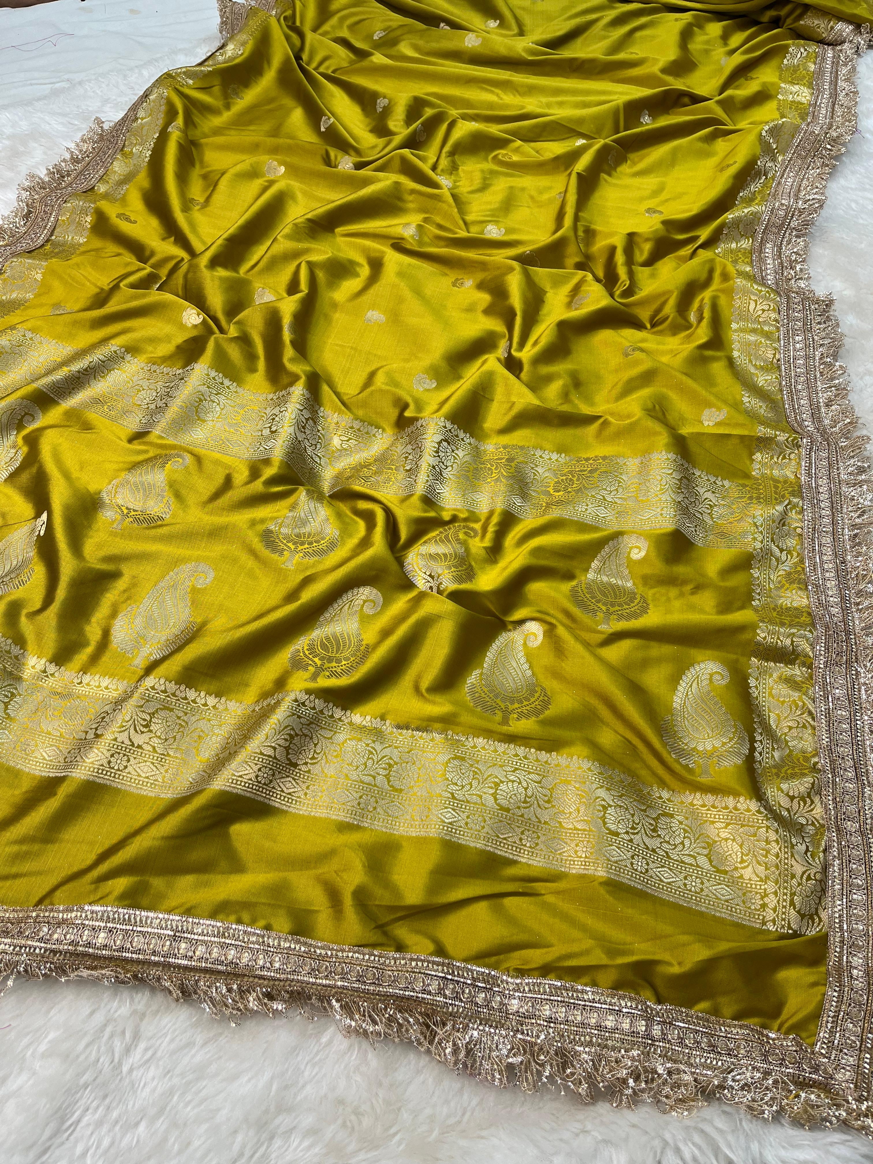 Pistachio Gold Soft Silk Saree with Zari Kalka Buta and Fringe Lace Border