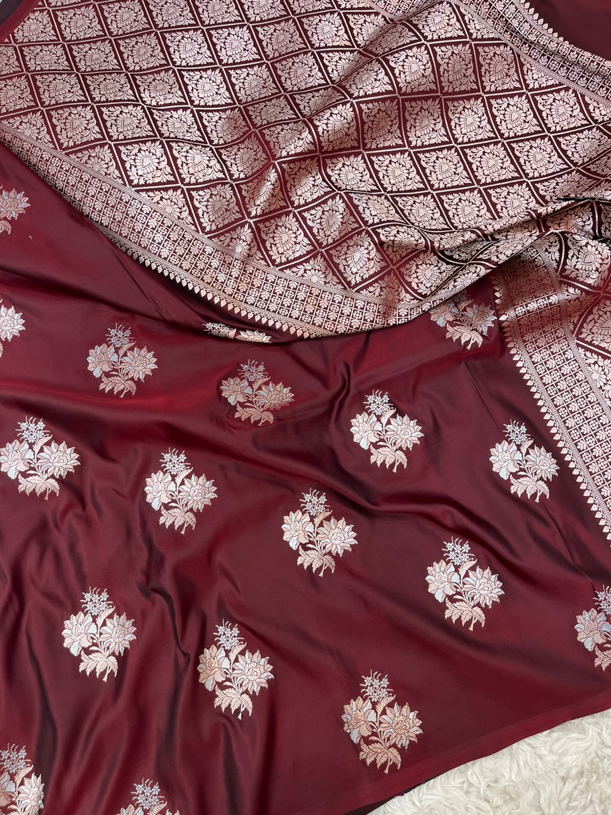 Plum Maroon Mashru Silk Saree featuring Traditional Sonarupa Buta and Jaal Pallu