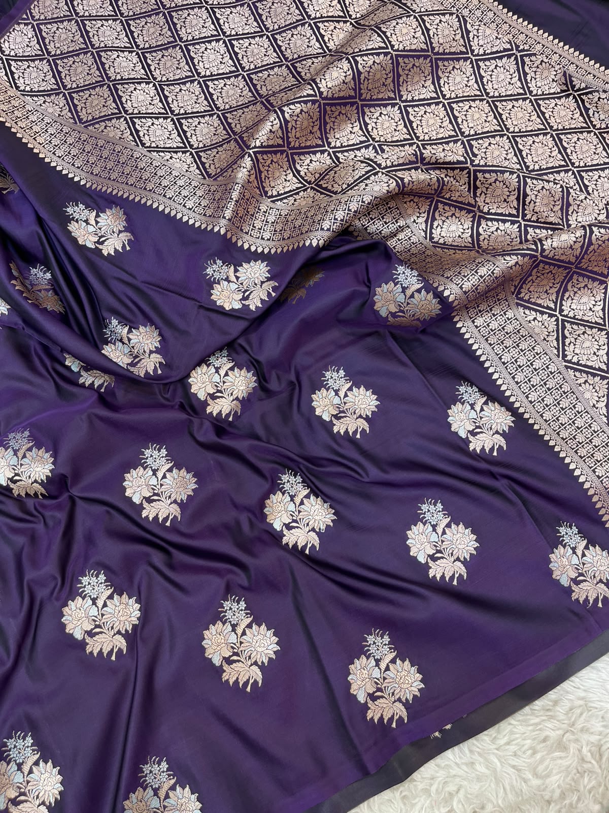 Dark Purple Mashru Silk Saree featuring Traditional Sonarupa Buta and Jaal Pallu