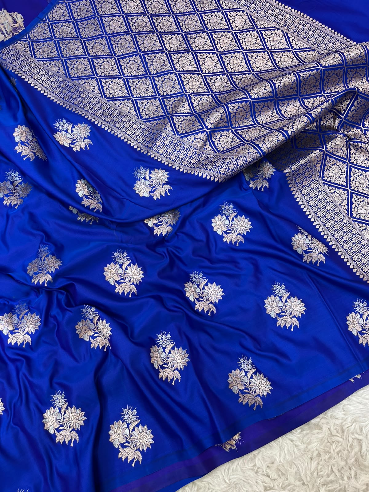 Royal Blue Mashru Silk Saree featuring Traditional Sonarupa Buta and Jaal Pallu