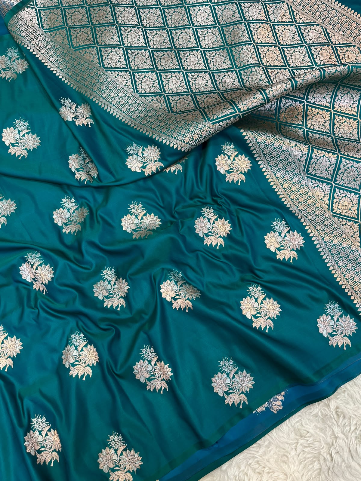 Teal Blue Mashru Silk Saree featuring Traditional Sonarupa Buta and Jaal Pallu