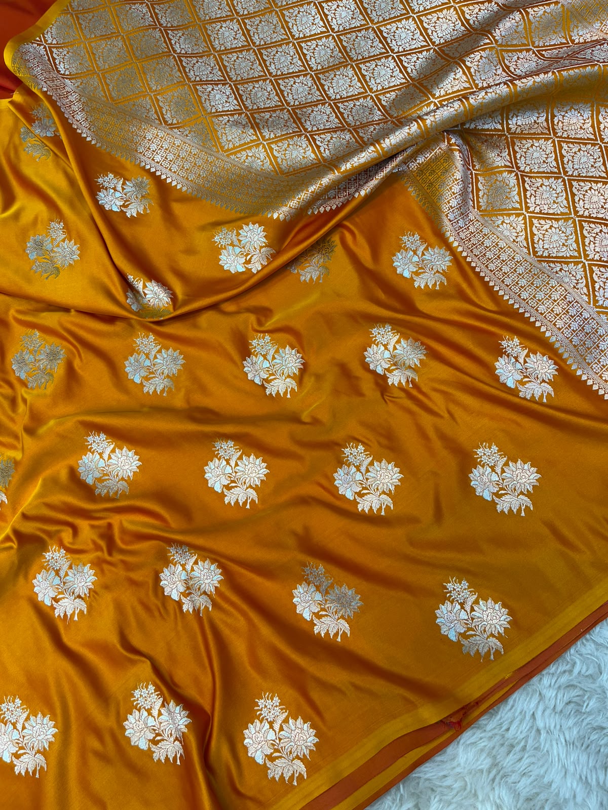 Kesar Yellow Mashru Silk Saree featuring Traditional Sonarupa Buta and Jaal Pallu