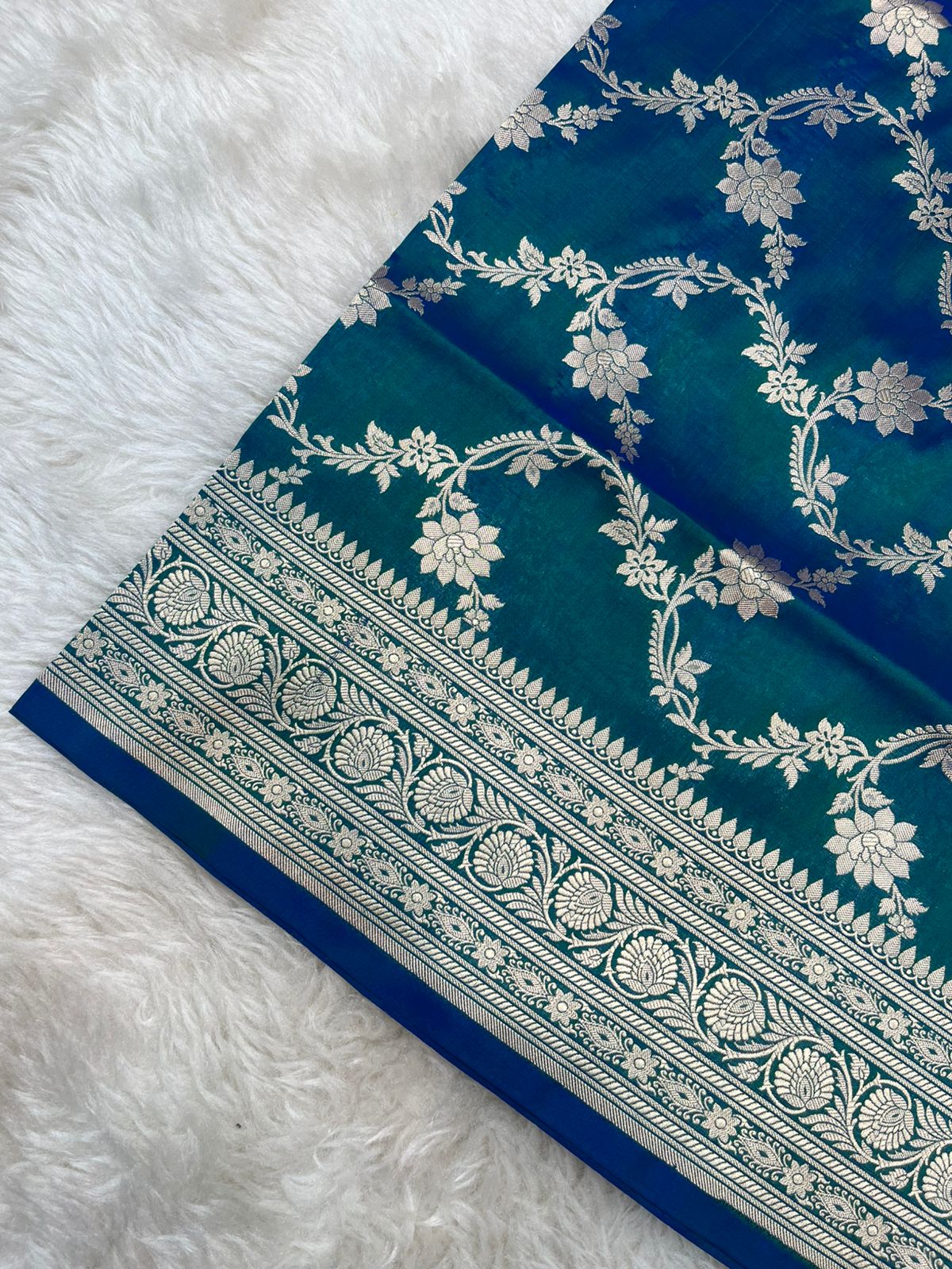 Peacock Blue Pure Katan Silk Banarasi Saree with Gold Zari Jangla Jaal
