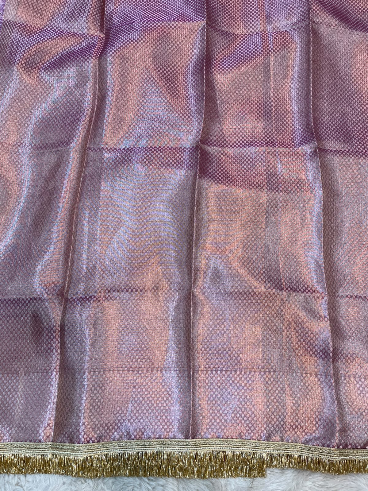Tissue Silk Saree in Rose Pink – Mirror & Stone Handwork with Traditional Fringe Lace Border