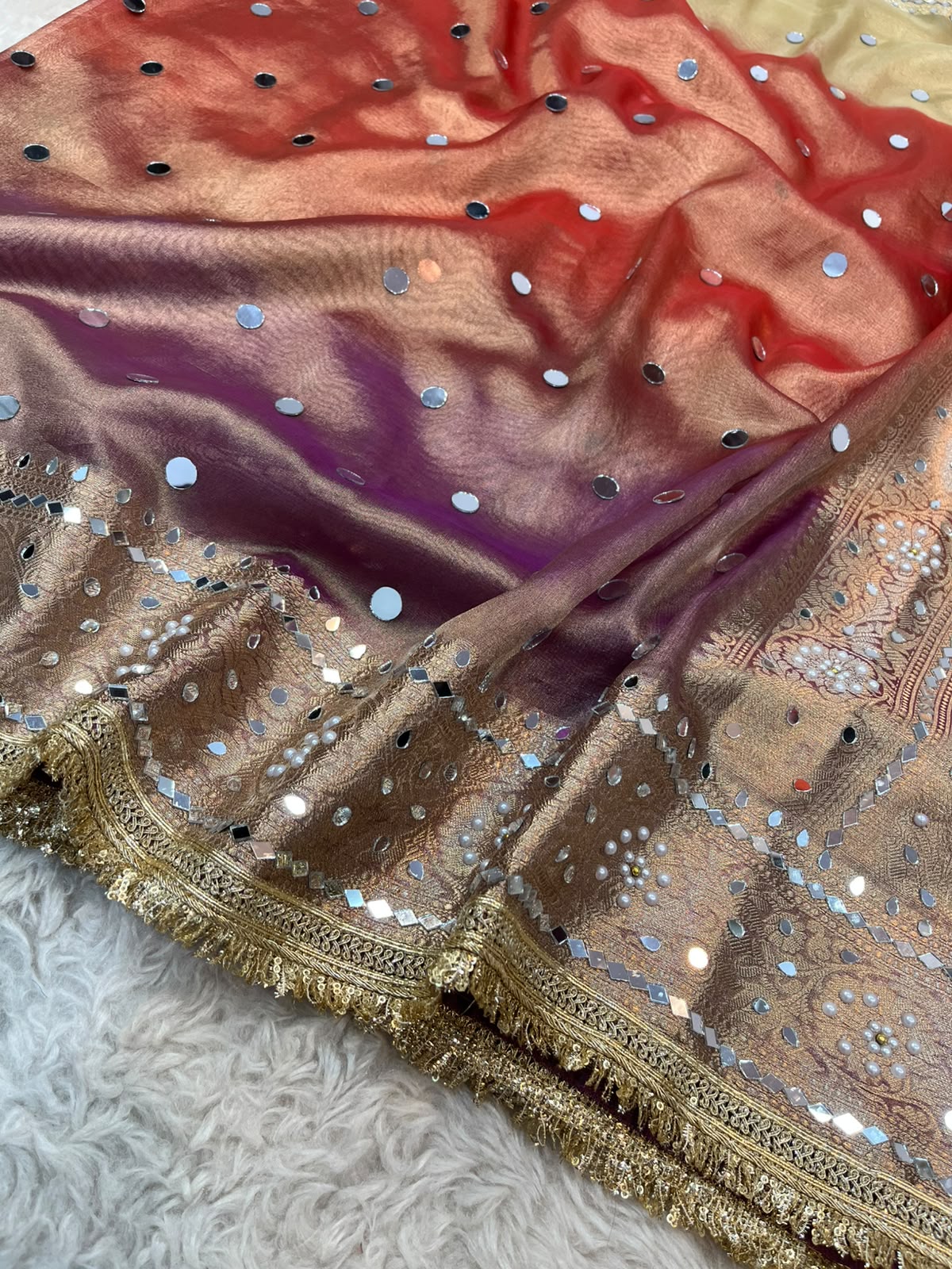 Luxury Multicolor Tissue Silk Saree featuring Real Mirror Work, Pearl Moti & Fringe Lace Border