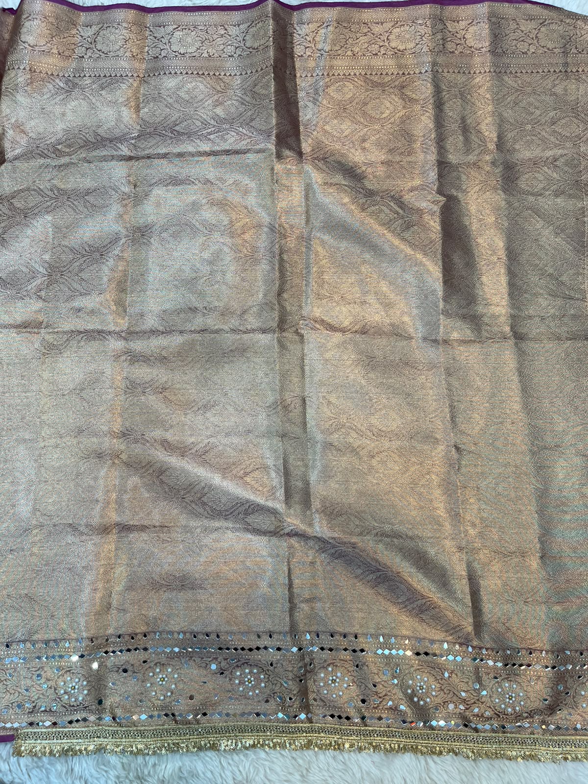 Luxury Multicolor Tissue Silk Saree featuring Real Mirror Work, Pearl Moti & Fringe Lace Border