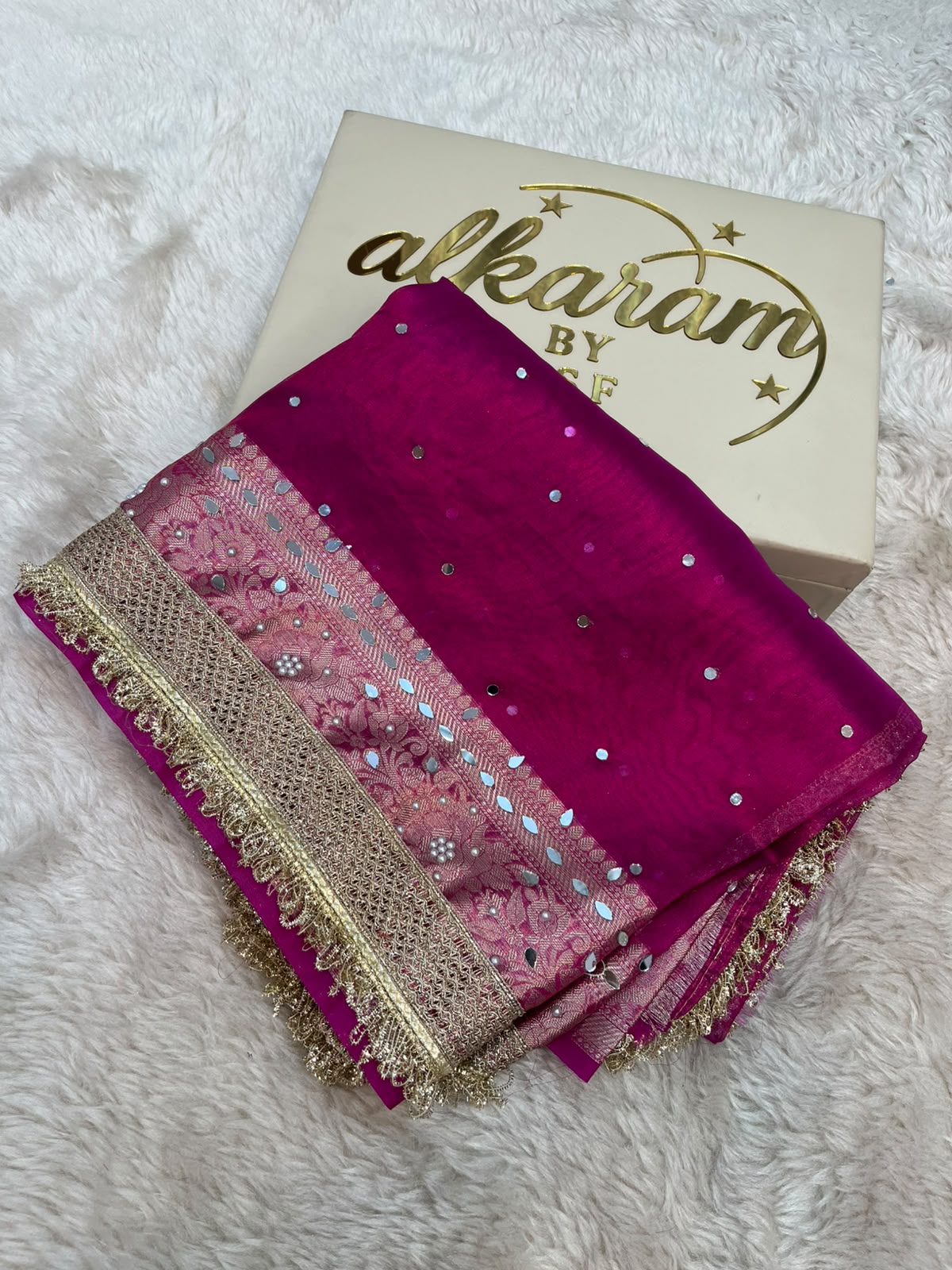 Royal Fuchsia Pink Tissue Silk Saree with Mirror Embellishment & Rich Gold Zari Weave