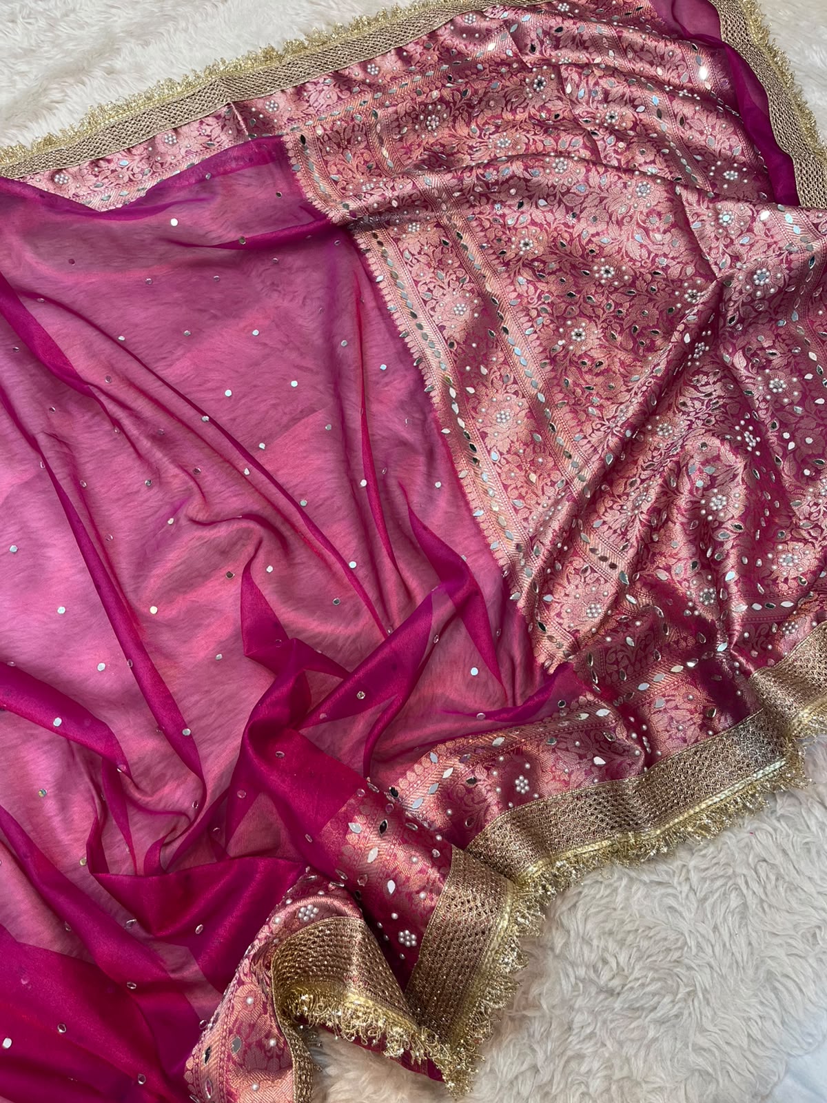 Royal Fuchsia Pink Tissue Silk Saree with Mirror Embellishment & Rich Gold Zari Weave