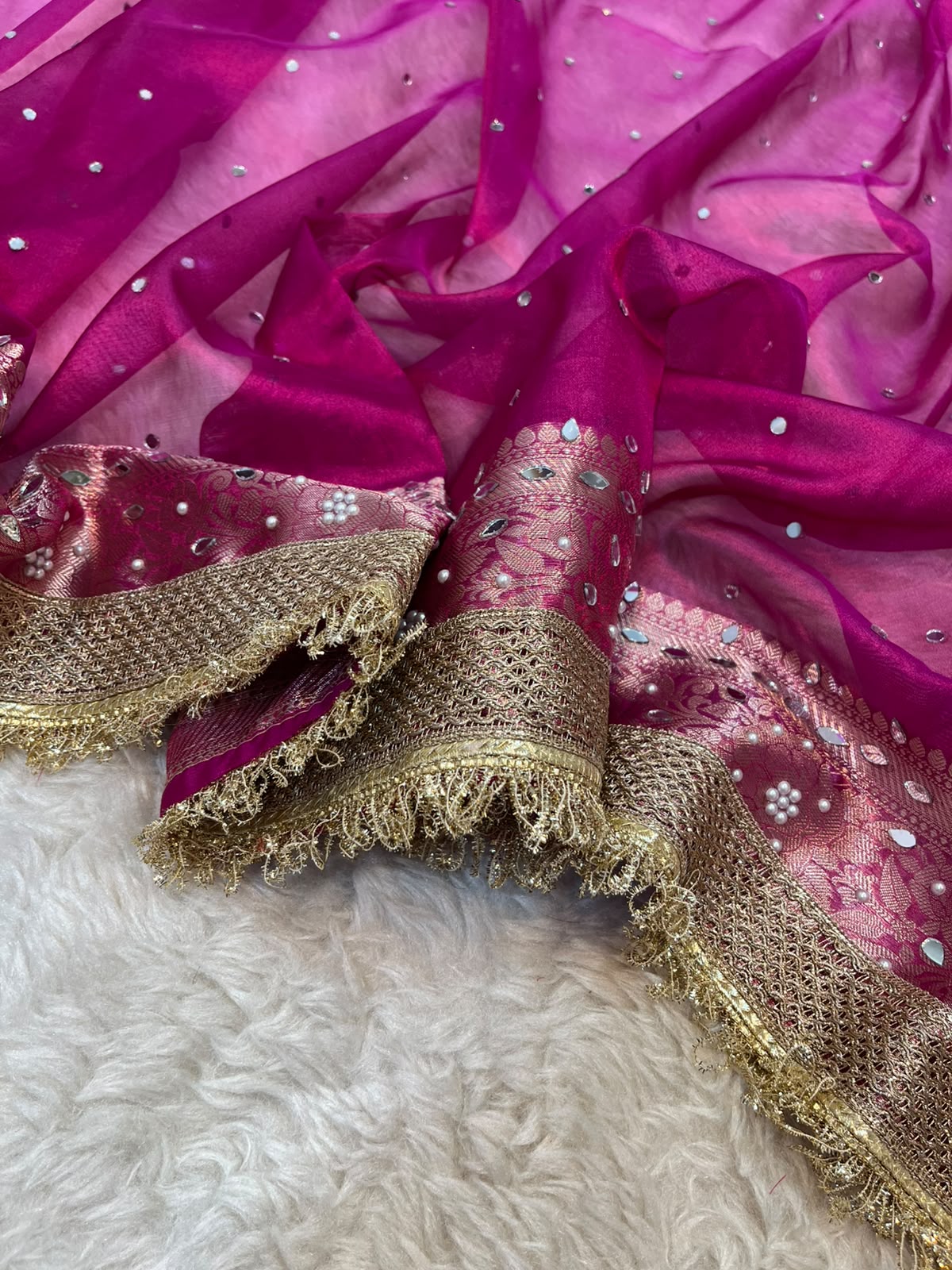 Royal Fuchsia Pink Tissue Silk Saree with Mirror Embellishment & Rich Gold Zari Weave
