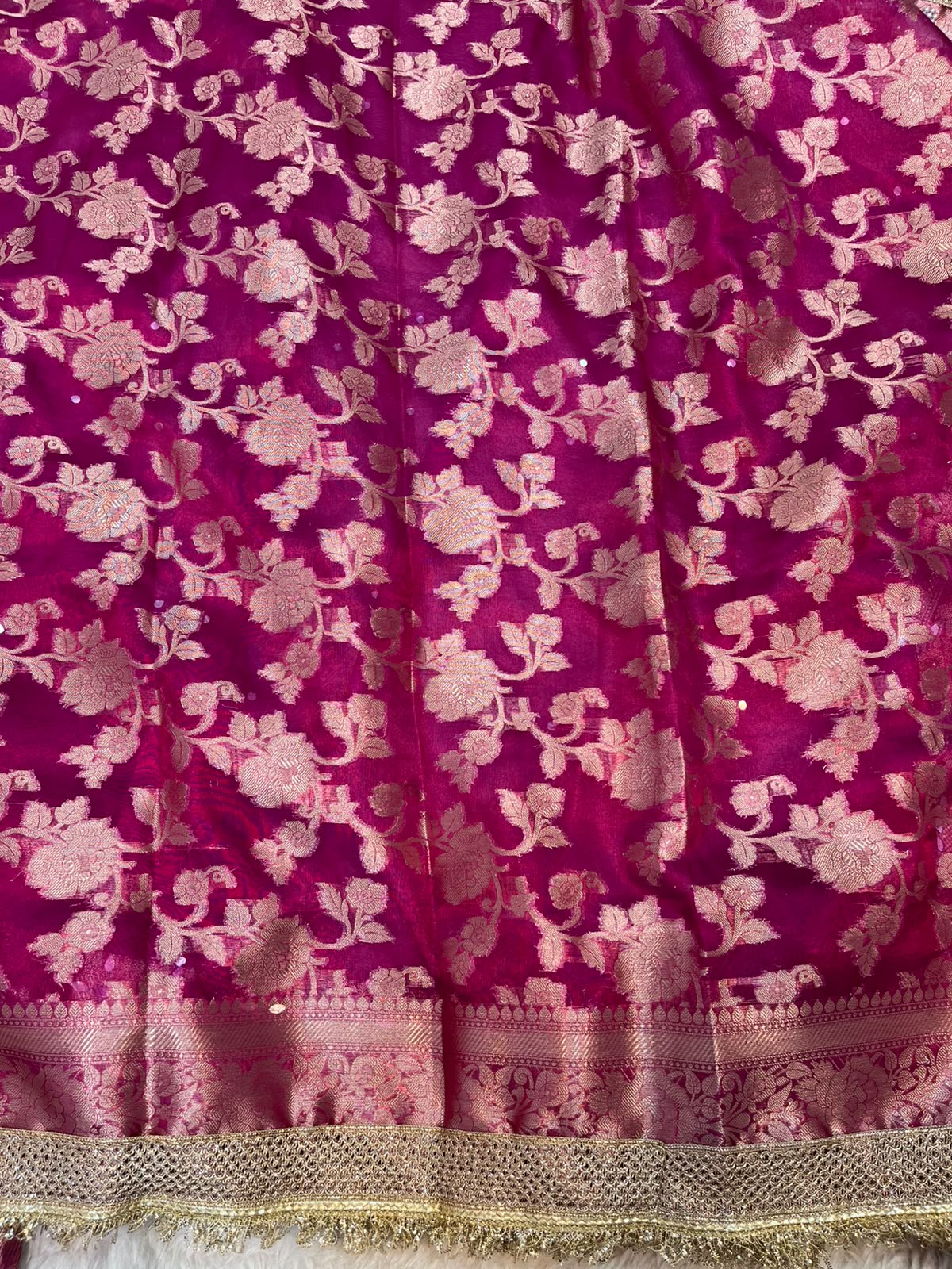 Royal Fuchsia Pink Tissue Silk Saree with Mirror Embellishment & Rich Gold Zari Weave