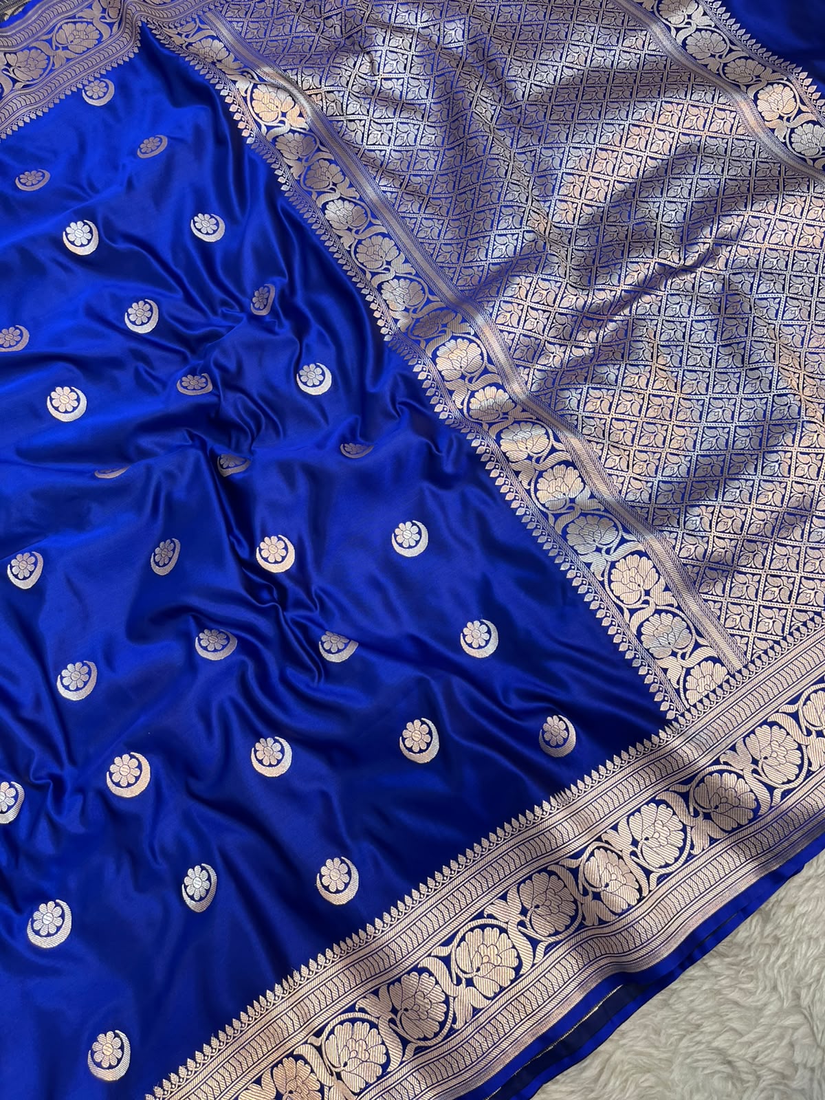 Royal Blue Satin Silk Banarasi Saree with Gold Zari Chand Tara Booti & Rich Jacquard Pallu