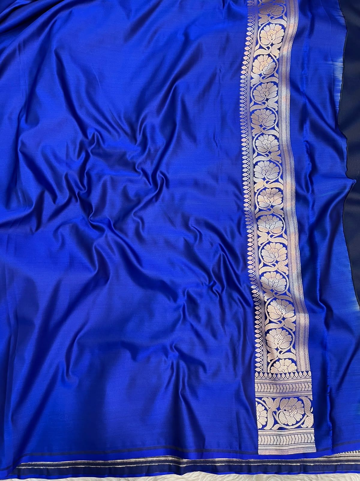 Royal Blue Satin Silk Banarasi Saree with Gold Zari Chand Tara Booti & Rich Jacquard Pallu