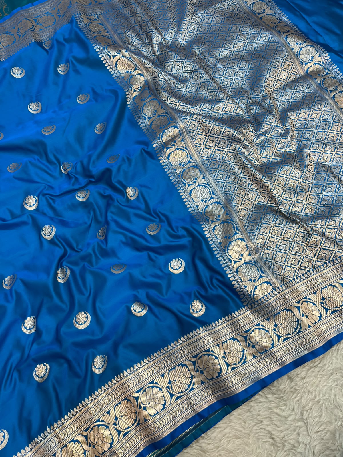 Sapphire Blue Satin Silk Banarasi Saree with Gold Zari Chand Tara Booti & Rich Jacquard Pallu