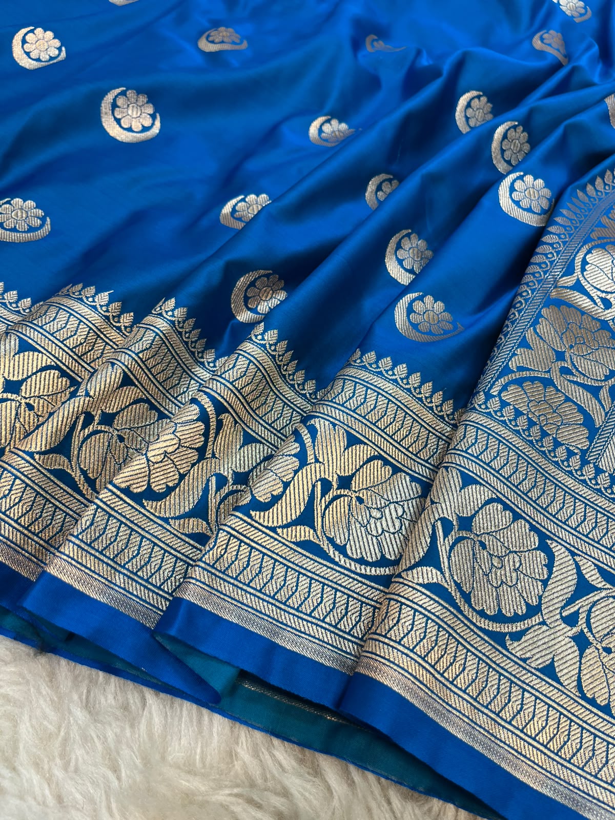 Sapphire Blue Satin Silk Banarasi Saree with Gold Zari Chand Tara Booti & Rich Jacquard Pallu