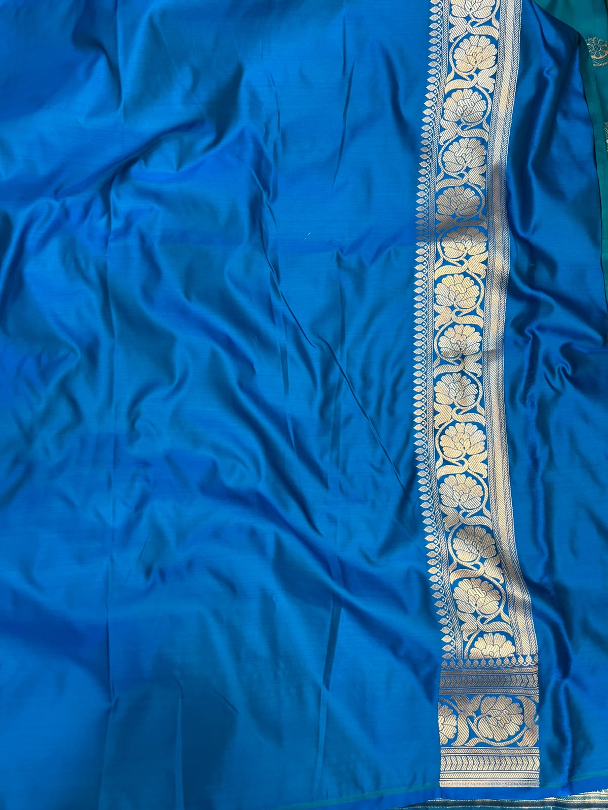 Sapphire Blue Satin Silk Banarasi Saree with Gold Zari Chand Tara Booti & Rich Jacquard Pallu