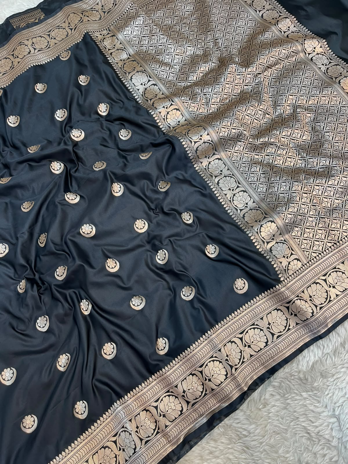 Jet Black Satin Silk Banarasi Saree with Gold Zari Chand Tara Booti & Rich Jacquard Pallu