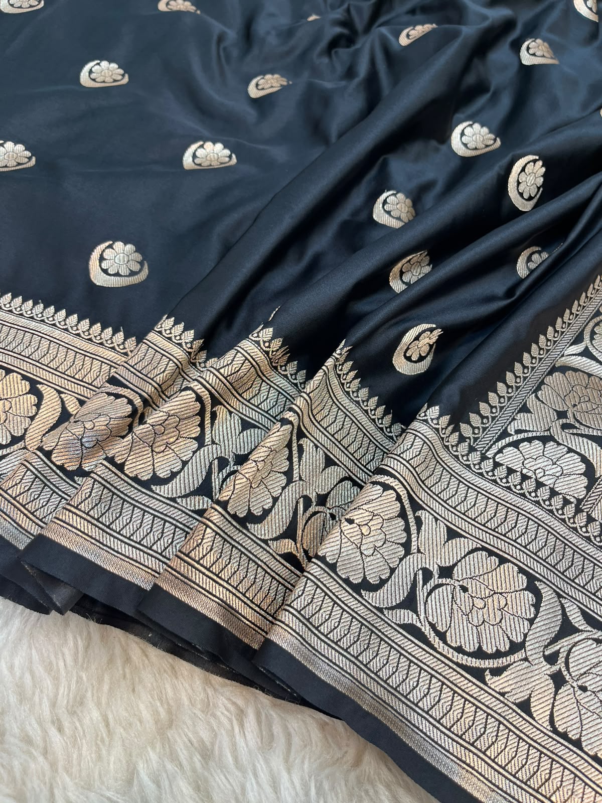 Jet Black Satin Silk Banarasi Saree with Gold Zari Chand Tara Booti & Rich Jacquard Pallu