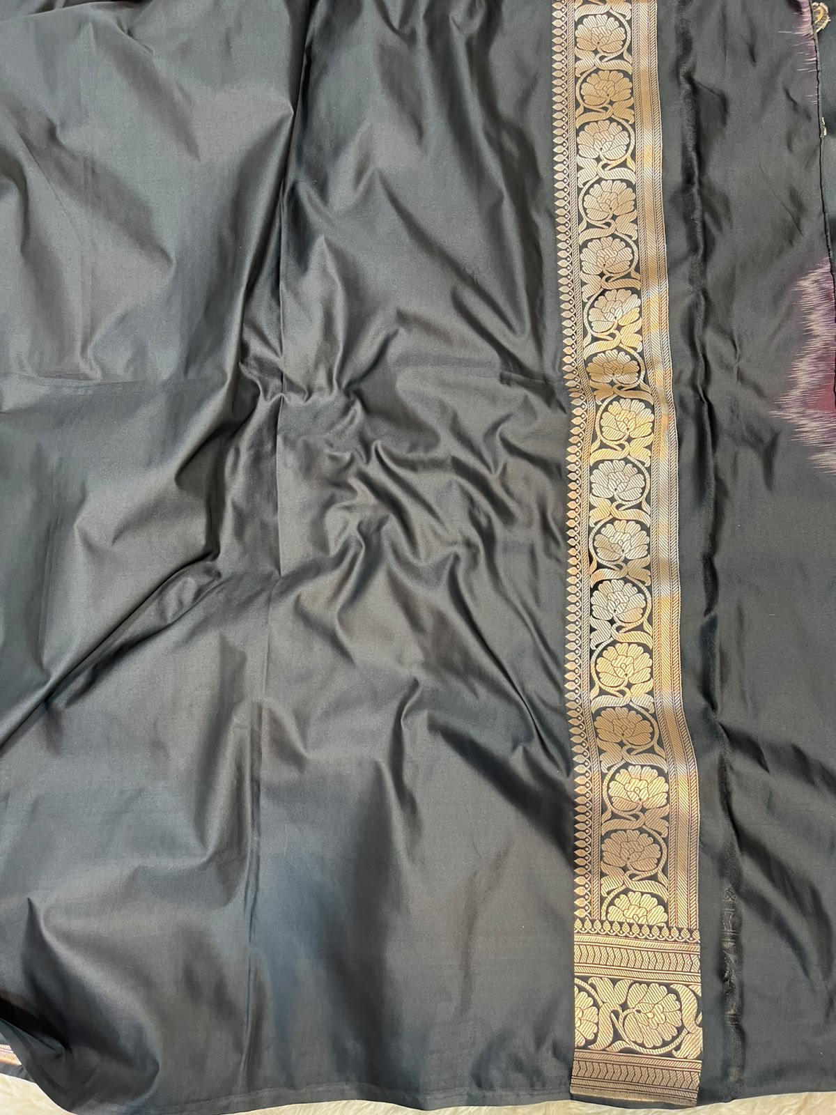 Jet Black Satin Silk Banarasi Saree with Gold Zari Chand Tara Booti & Rich Jacquard Pallu