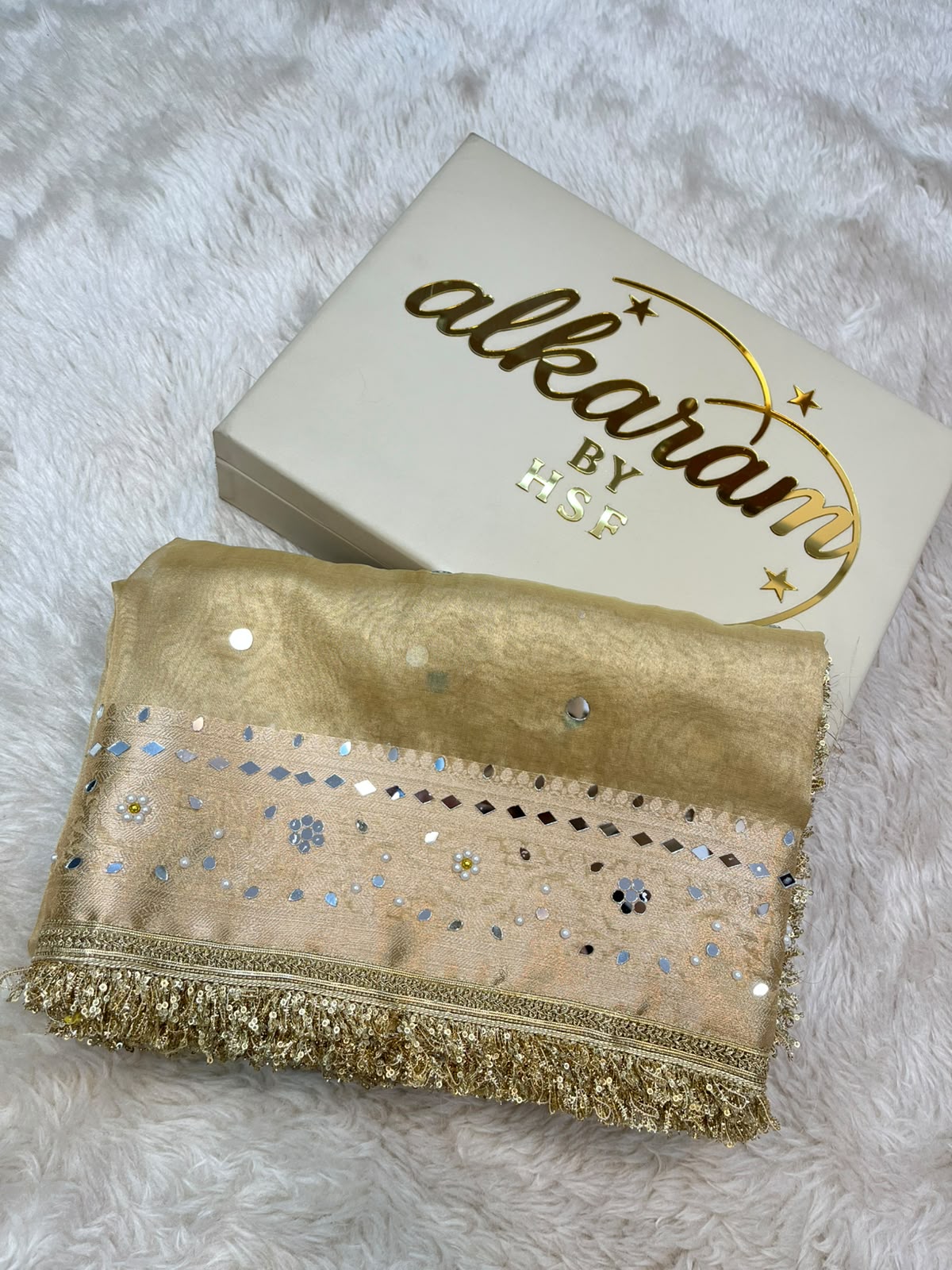 Soft Gold Tissue Silk Saree Featuring Mirror Work & Lace Border