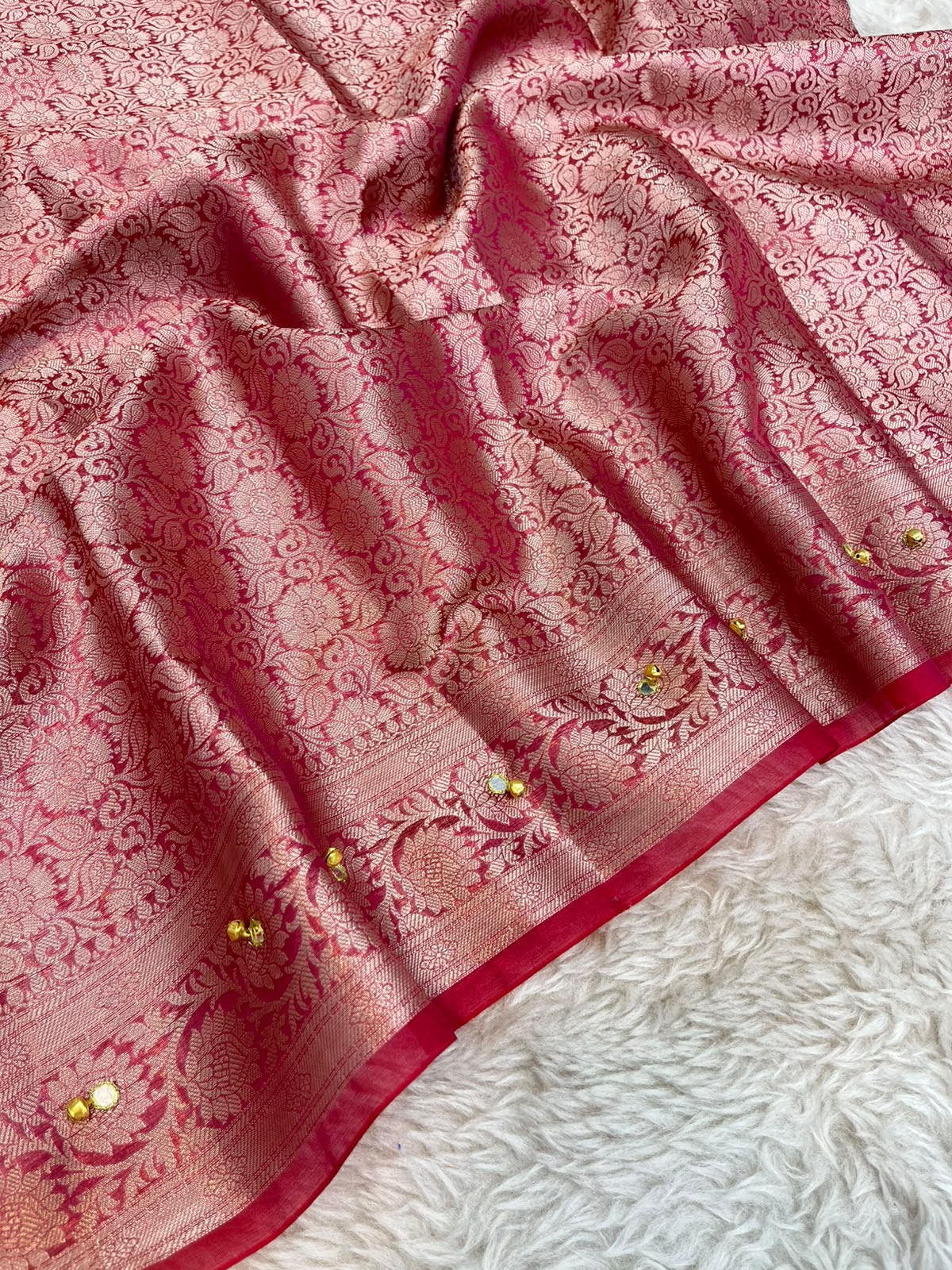 Rani Pink Soft Tissue Silk Saree with Ghungroo & Zari Border Work