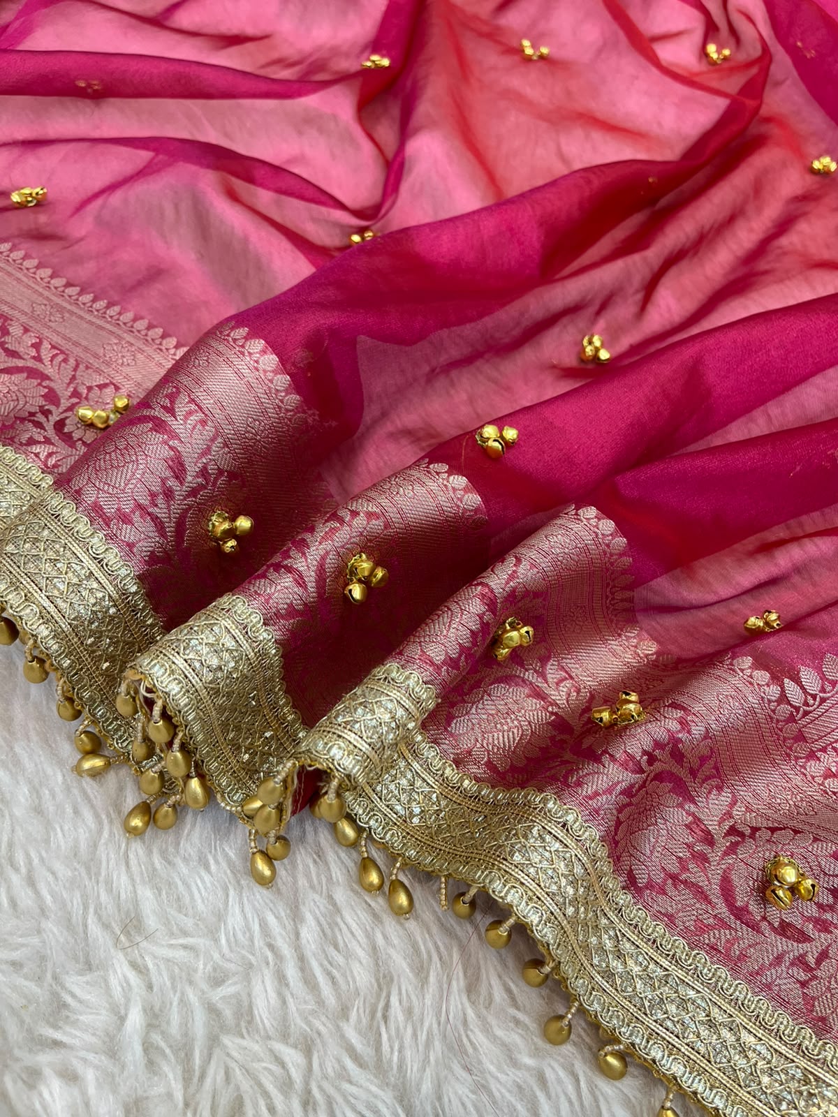 Rani Pink Soft Tissue Silk Saree with Ghungroo & Zari Border Work