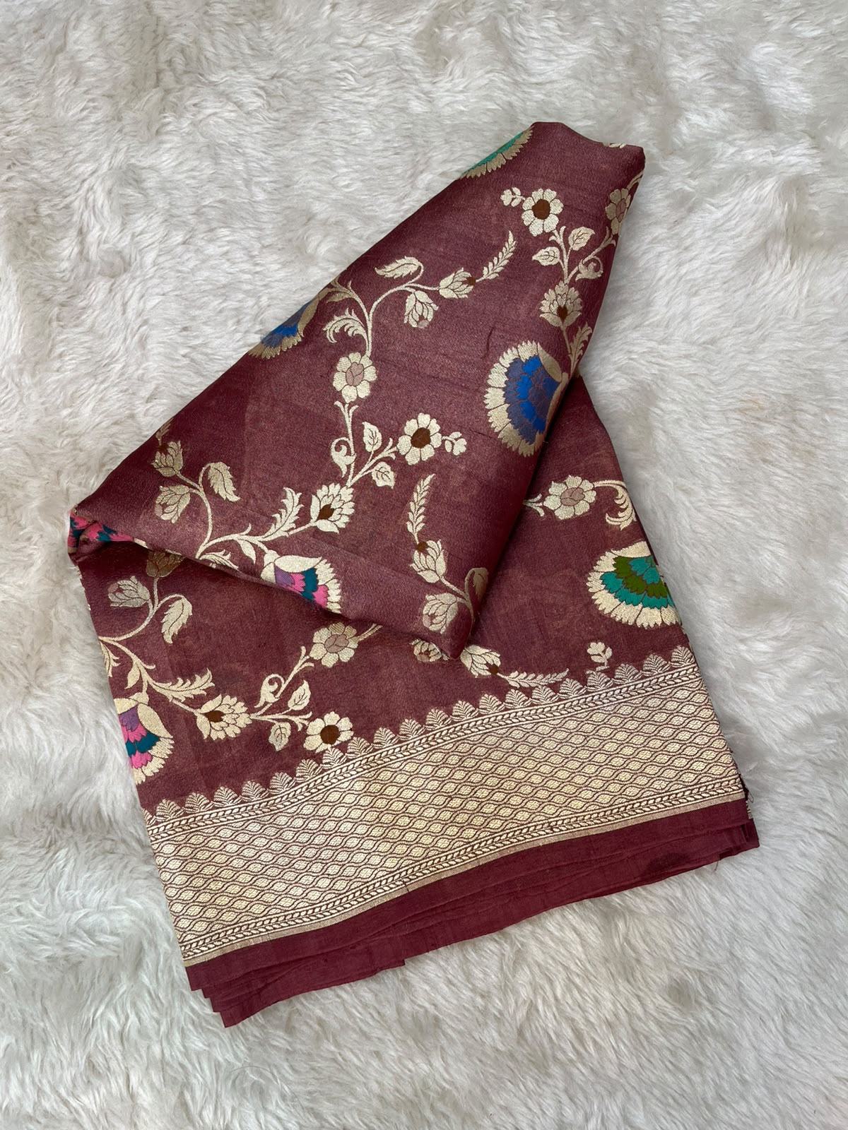 Plum Wine Handloom Pure Tussar Silk Banarasi Saree with Floral Jaal & Vivid Meenakari