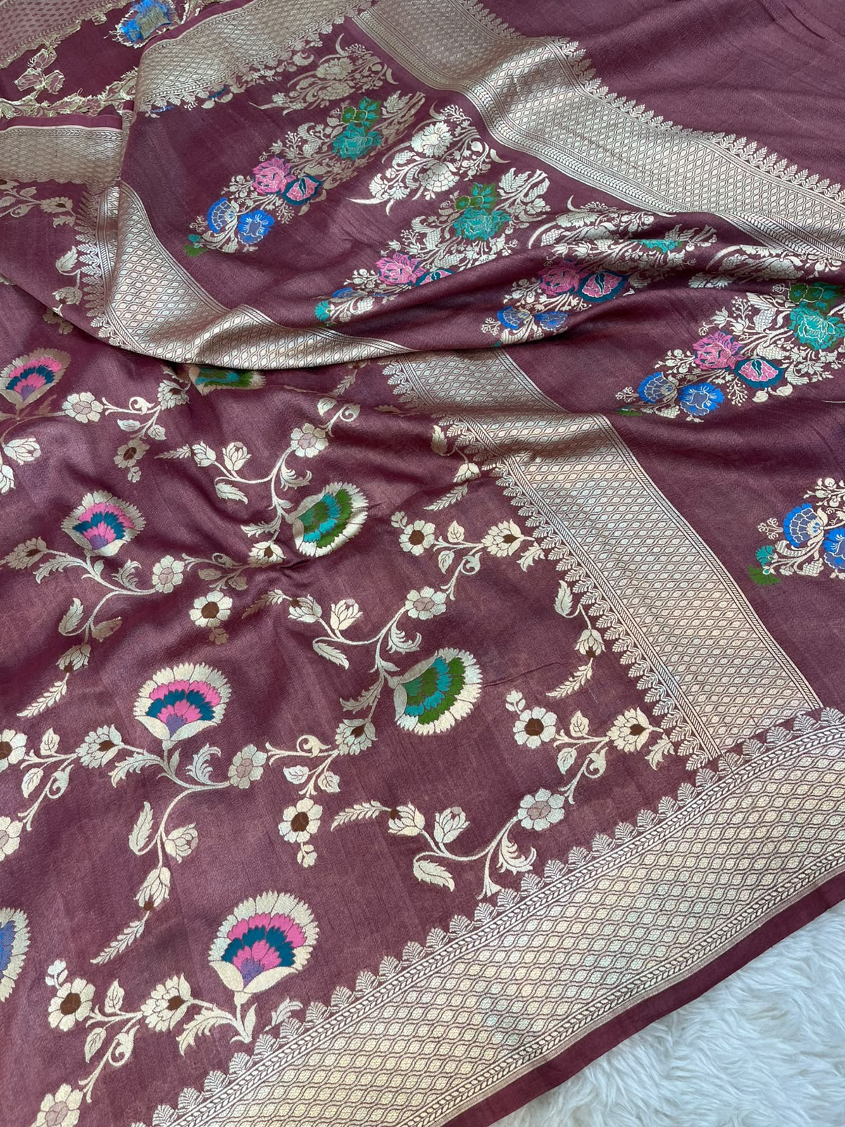 Plum Wine Handloom Pure Tussar Silk Banarasi Saree with Floral Jaal & Vivid Meenakari