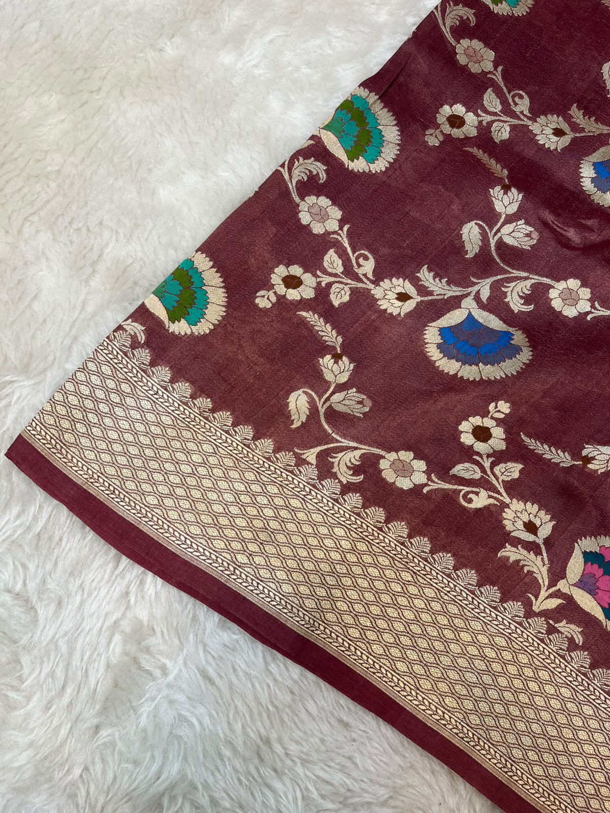 Plum Wine Handloom Pure Tussar Silk Banarasi Saree with Floral Jaal & Vivid Meenakari