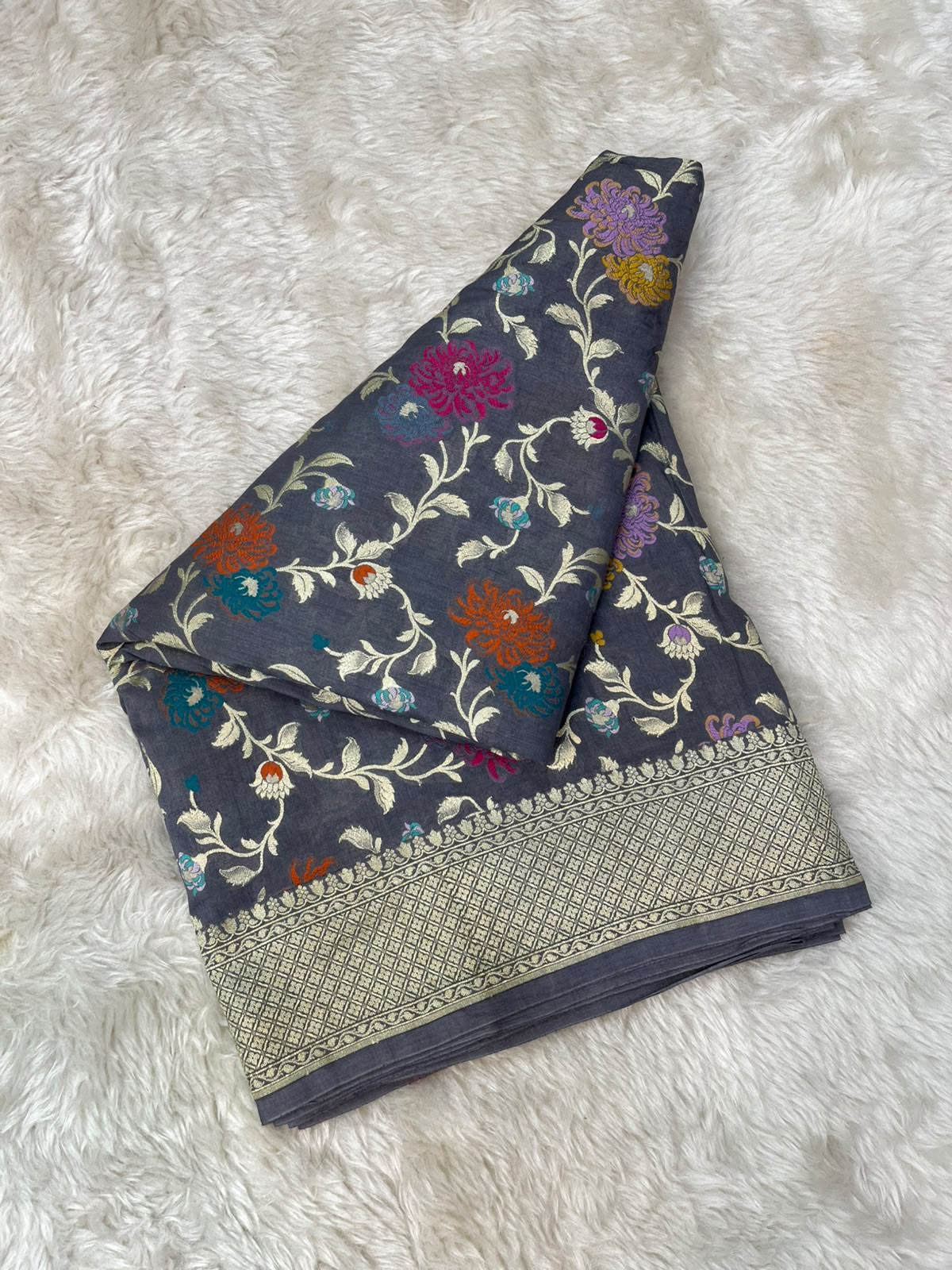 Charcoal Grey Handloom Pure Tussar Silk Banarasi Saree with Floral Jaal & Vibrant Resham Meenakari