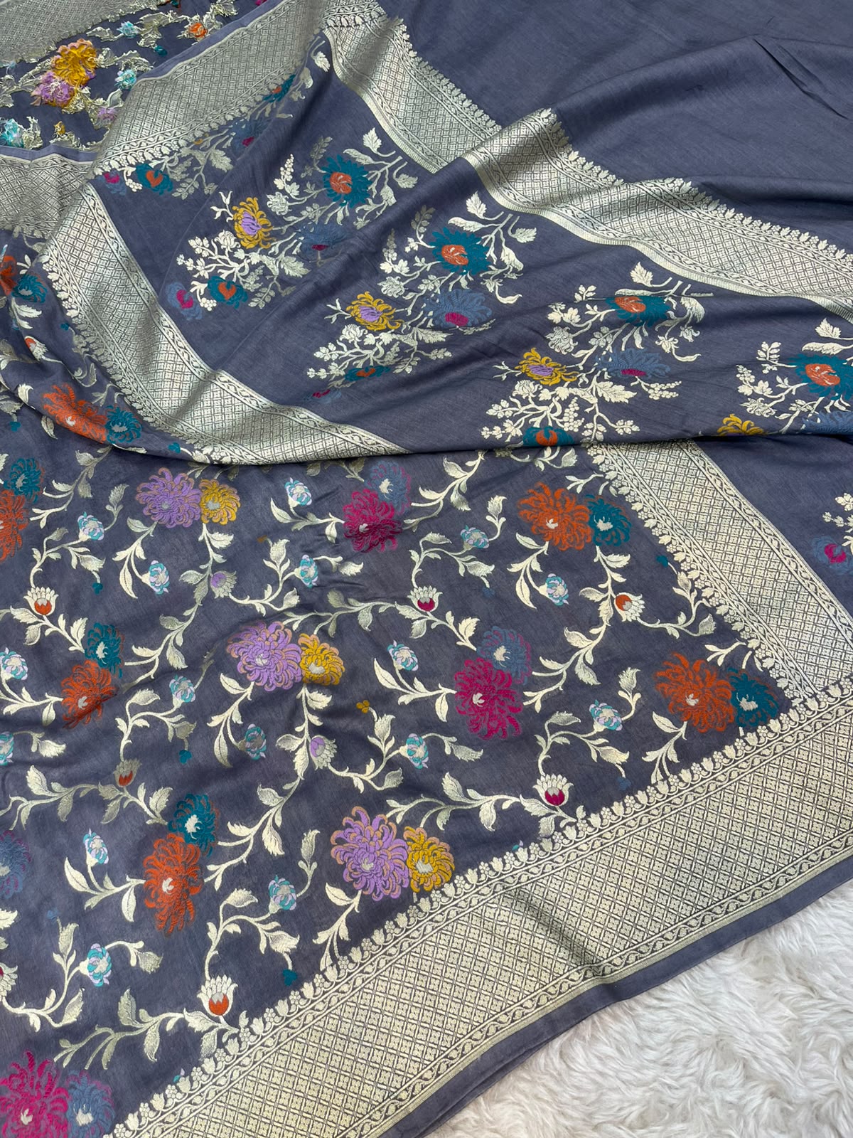 Charcoal Grey Handloom Pure Tussar Silk Banarasi Saree with Floral Jaal & Vibrant Resham Meenakari