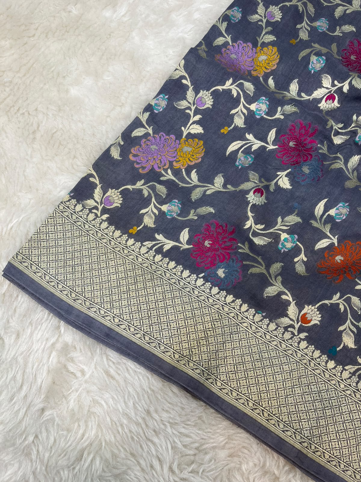 Charcoal Grey Handloom Pure Tussar Silk Banarasi Saree with Floral Jaal & Vibrant Resham Meenakari