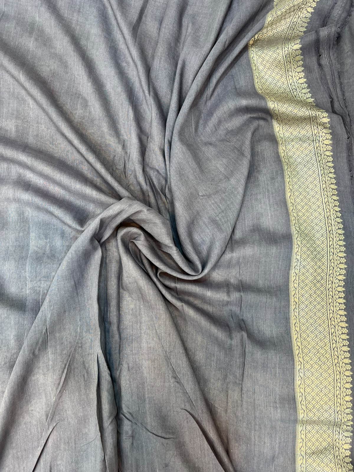 Charcoal Grey Handloom Pure Tussar Silk Banarasi Saree with Floral Jaal & Vibrant Resham Meenakari
