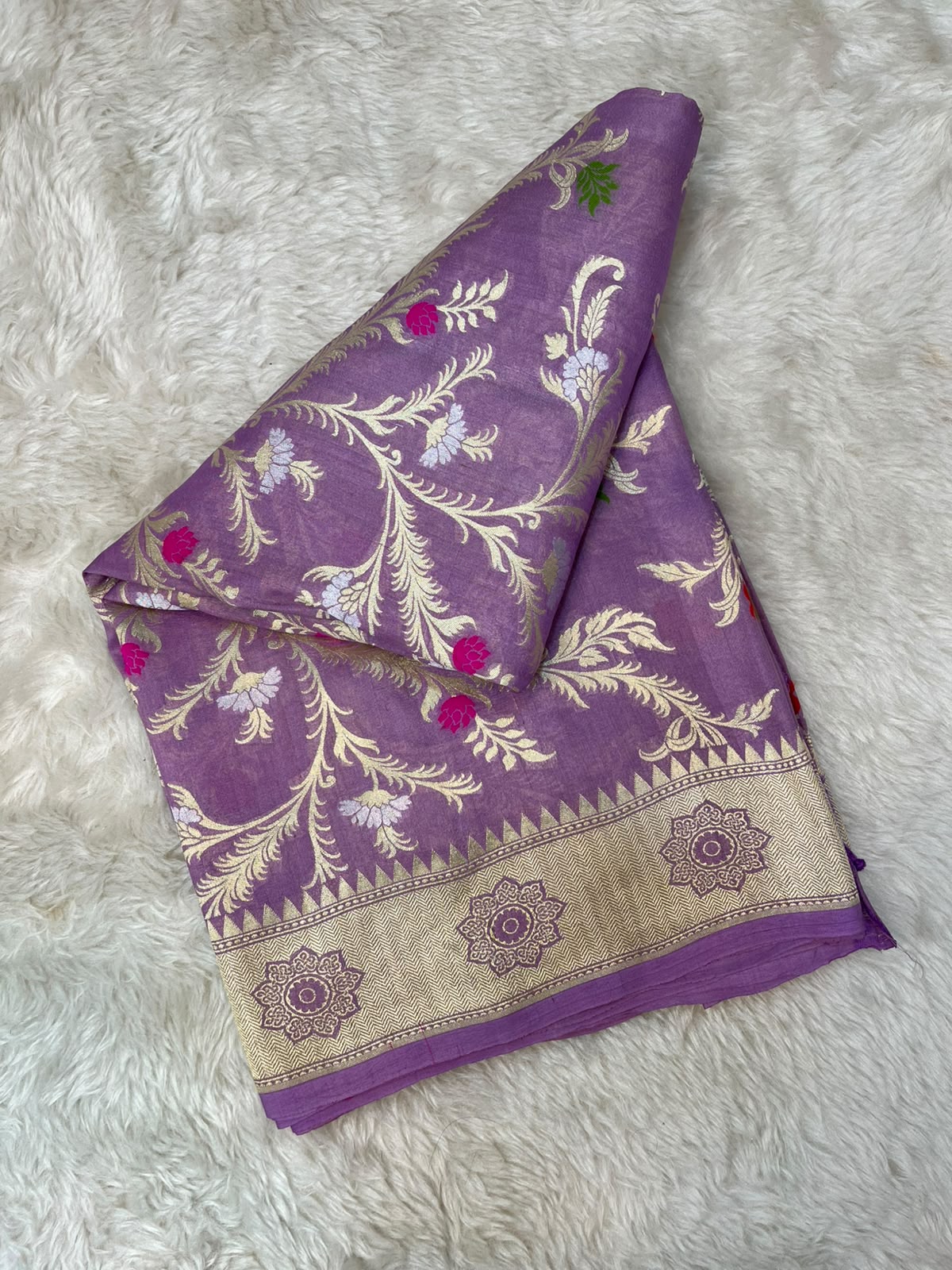 Mauve Purple Handloom Pure Tussar Silk Saree with Floral Jaal & Colorful Meenakari