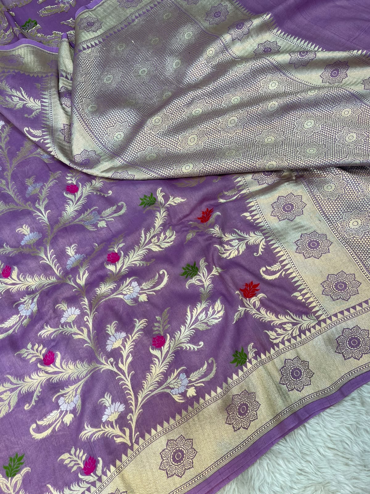 Mauve Purple Handloom Pure Tussar Silk Saree with Floral Jaal & Colorful Meenakari