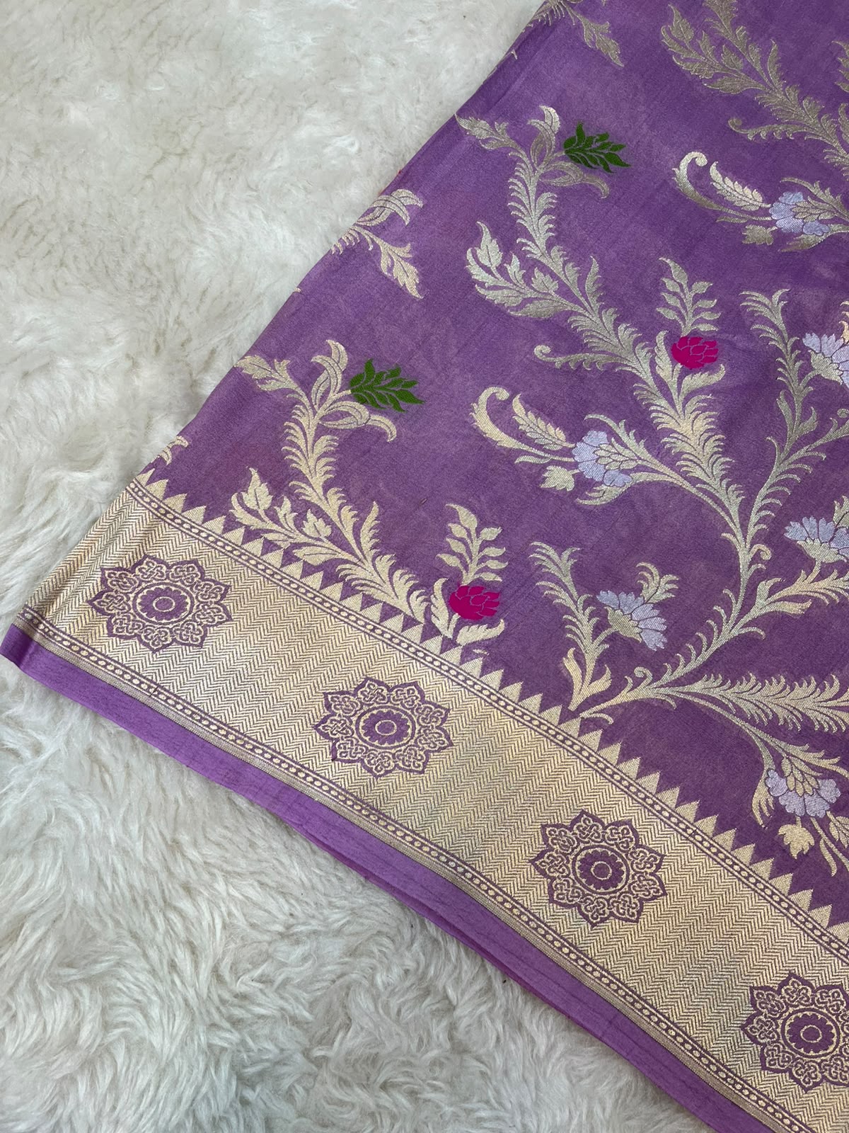 Mauve Purple Handloom Pure Tussar Silk Saree with Floral Jaal & Colorful Meenakari