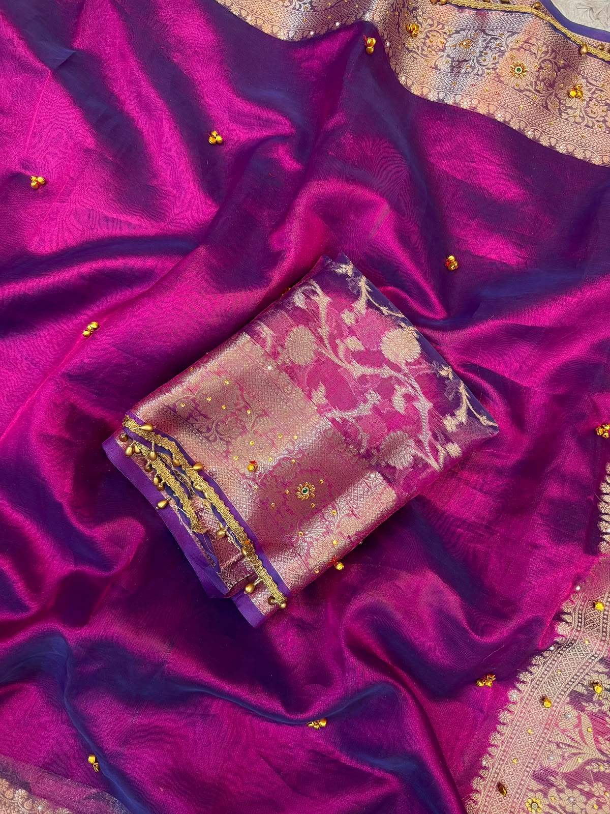 Royal Magenta & Purple Dhoop-Chhaon Tissue Silk Saree with Intricate Ghungroo Border Work