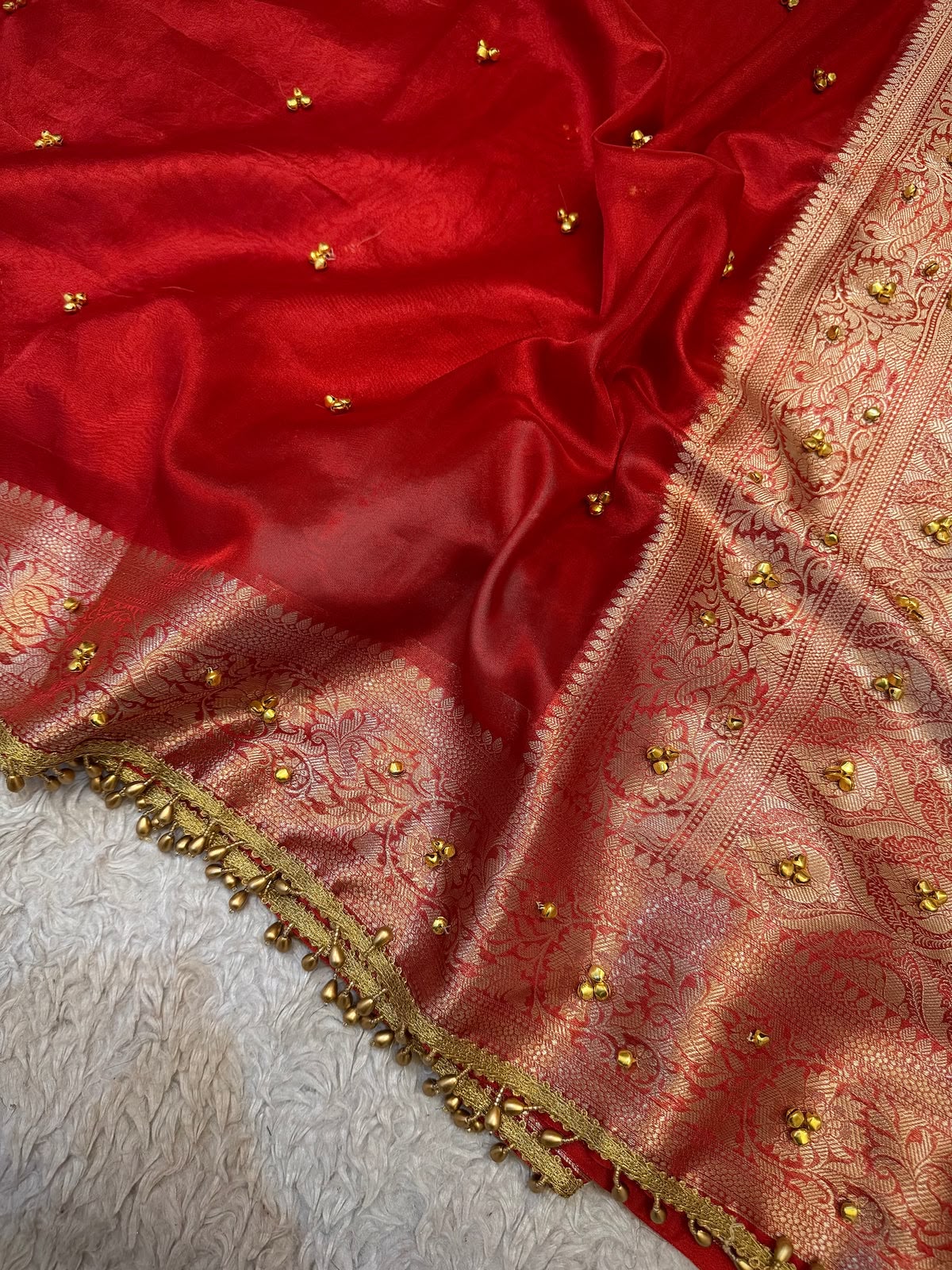 Bridal Sindoor Red Tissue Silk Saree Embellished with Ghungroo & Banarasi Zari Border