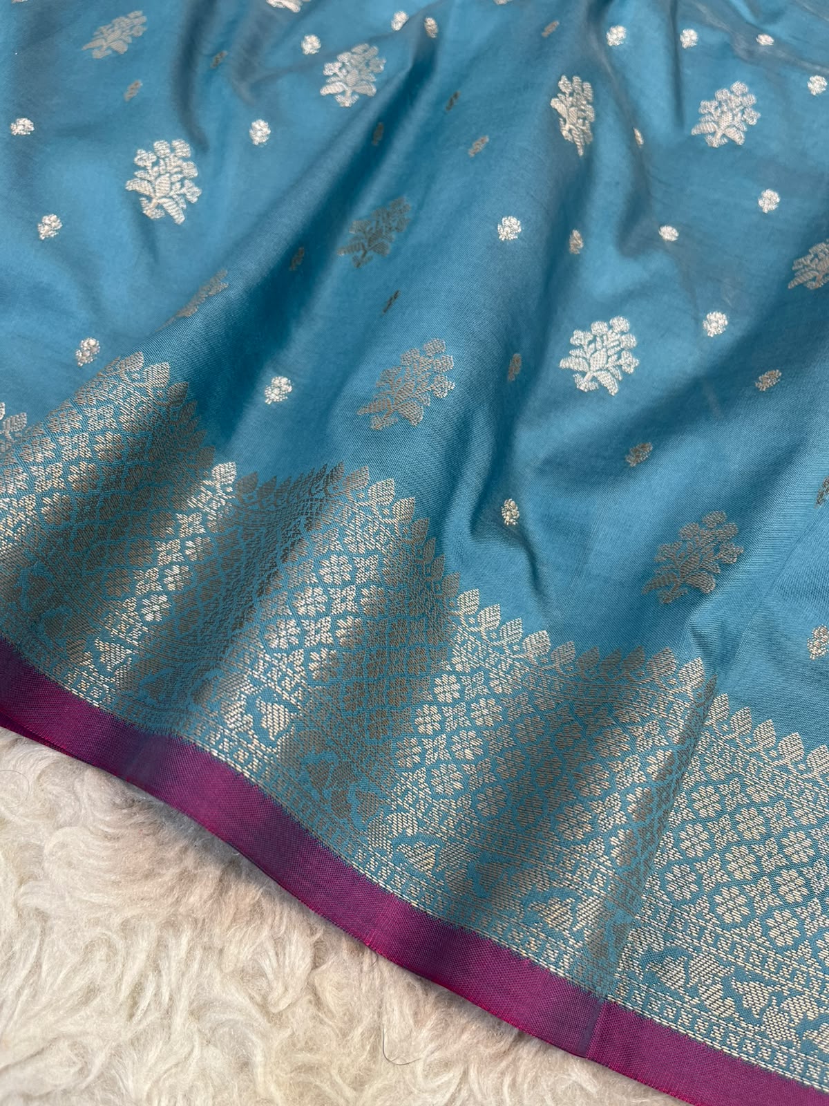 Ocean Blue Banarasi Soft Katan Silk Saree with Traditional Golden Floral Butis & Rich Pallu