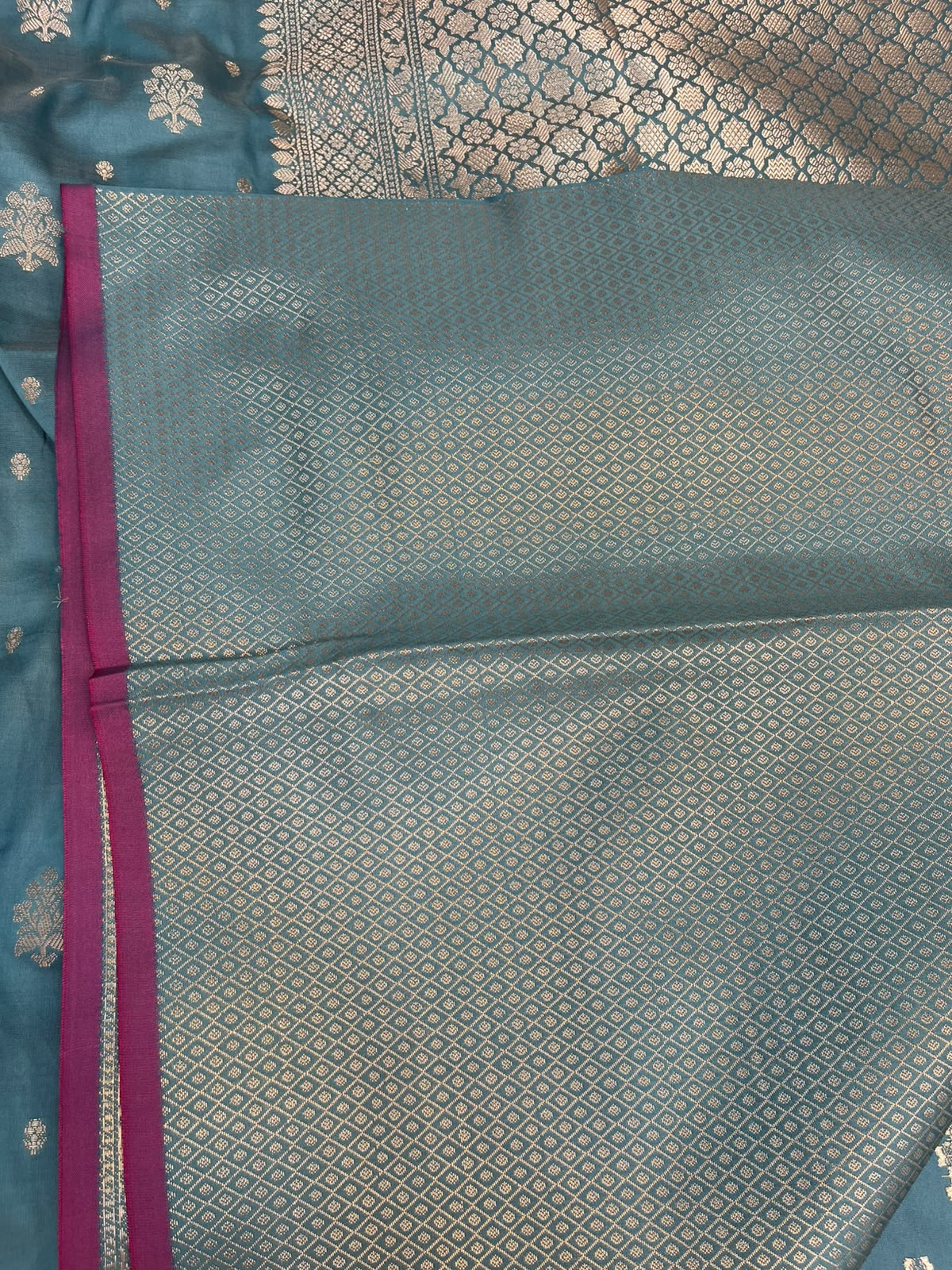 Ocean Blue Banarasi Soft Katan Silk Saree with Traditional Golden Floral Butis & Rich Pallu