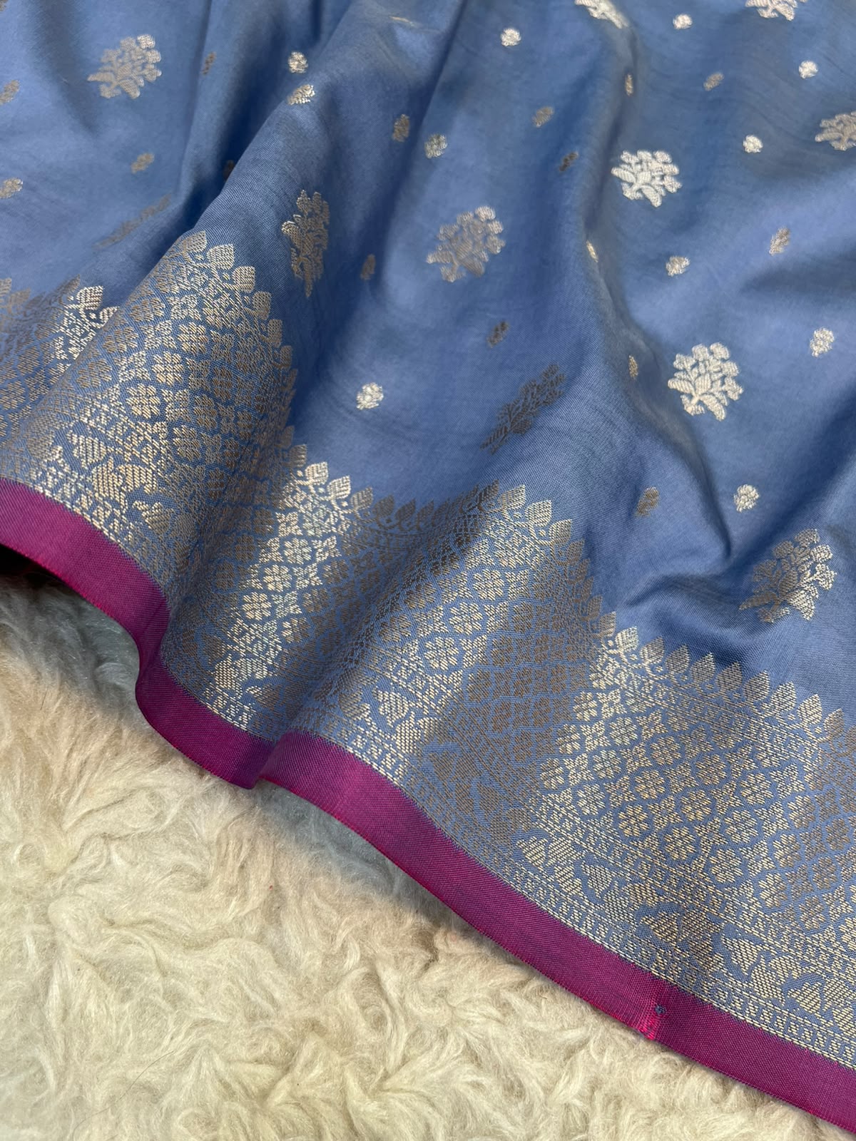 Steel Blue Banarasi Soft Katan Silk Saree with Traditional Golden Floral Butis & Rich Pallu