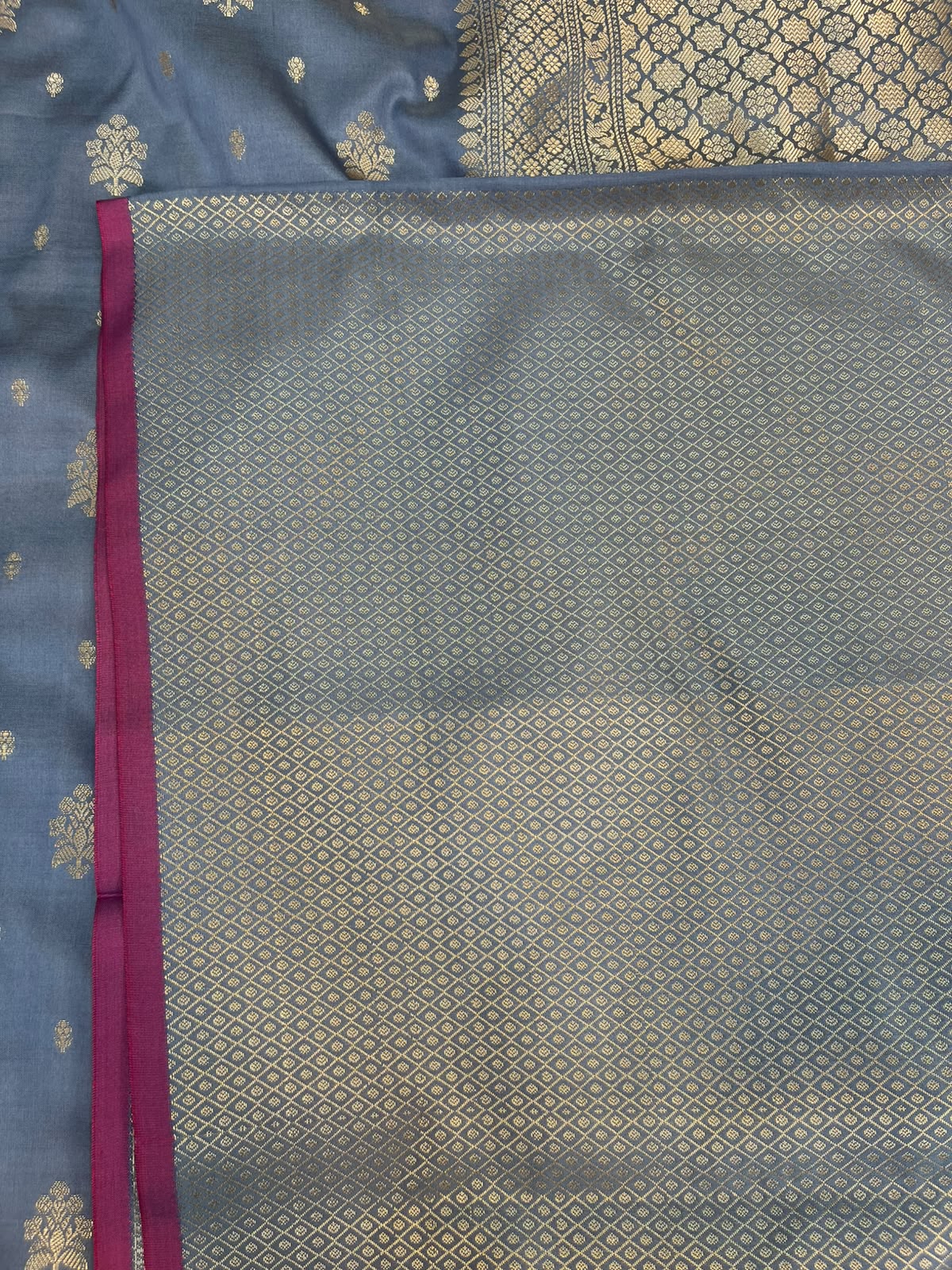 Steel Blue Banarasi Soft Katan Silk Saree with Traditional Golden Floral Butis & Rich Pallu