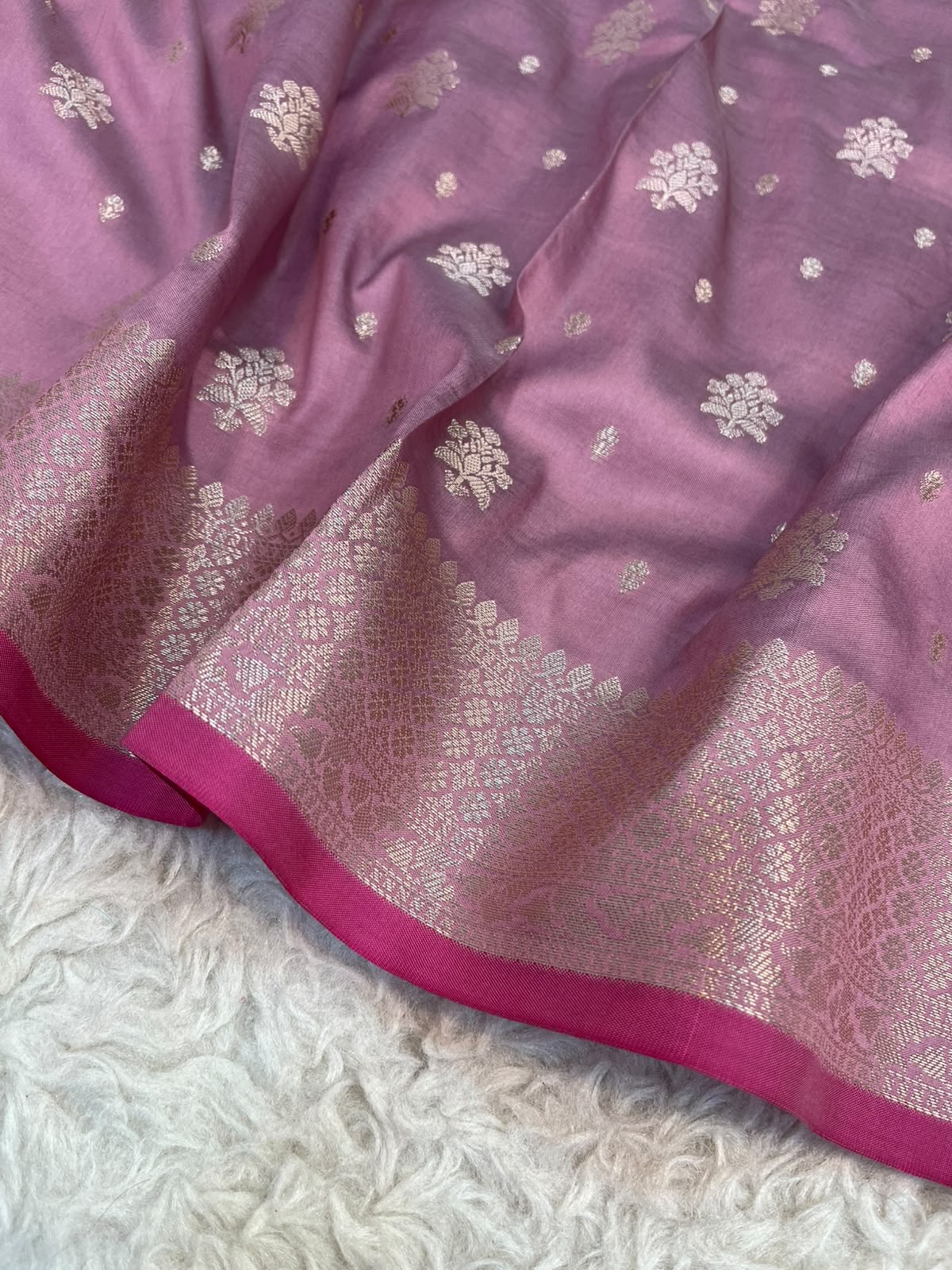 Baby Pink Banarasi Soft Katan Silk Saree with Traditional Golden Floral Butis & Rich Pallu