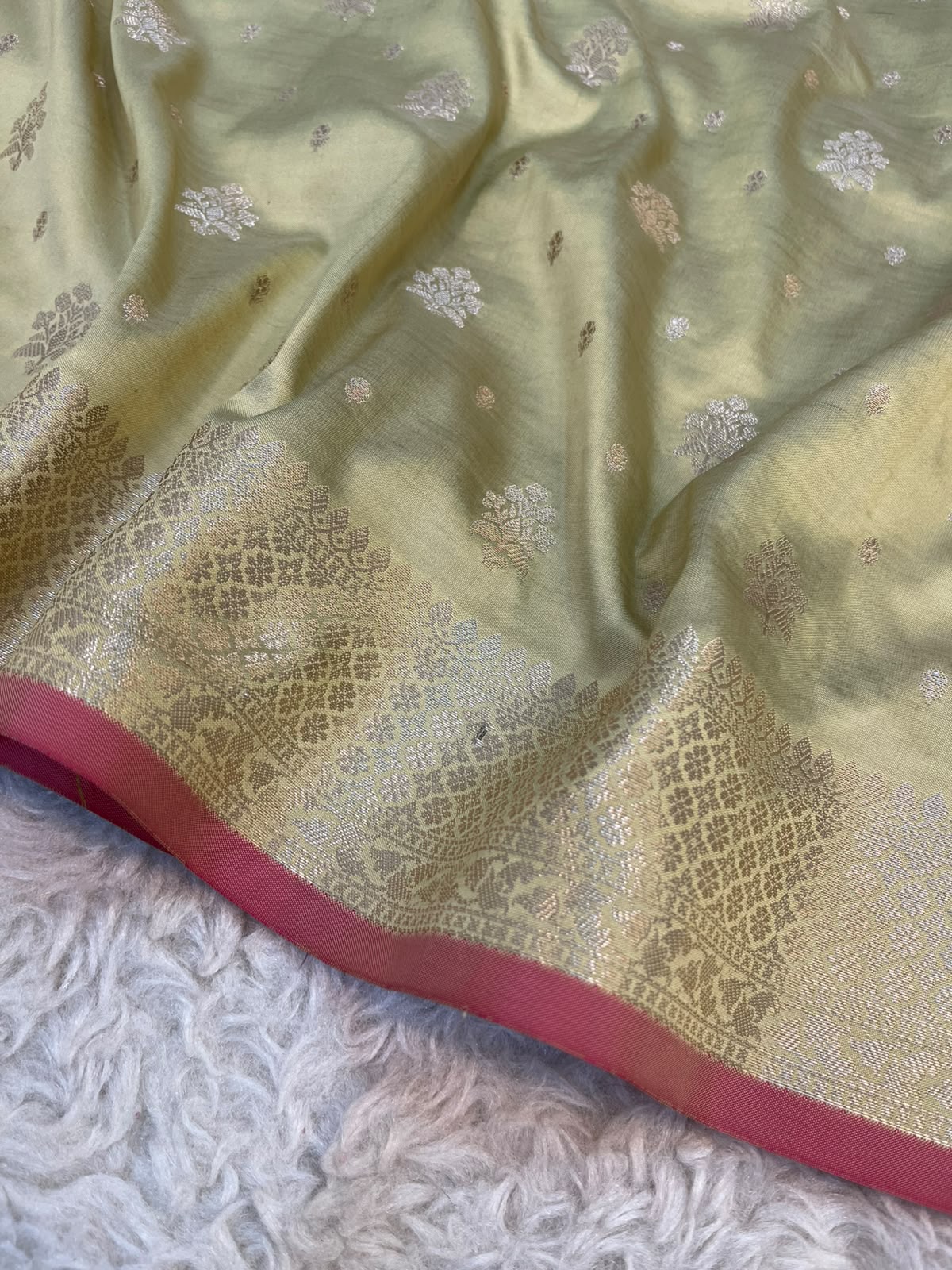 Pista Green Banarasi Soft Katan Silk Saree with Traditional Golden Floral Butis & Rich Pallu