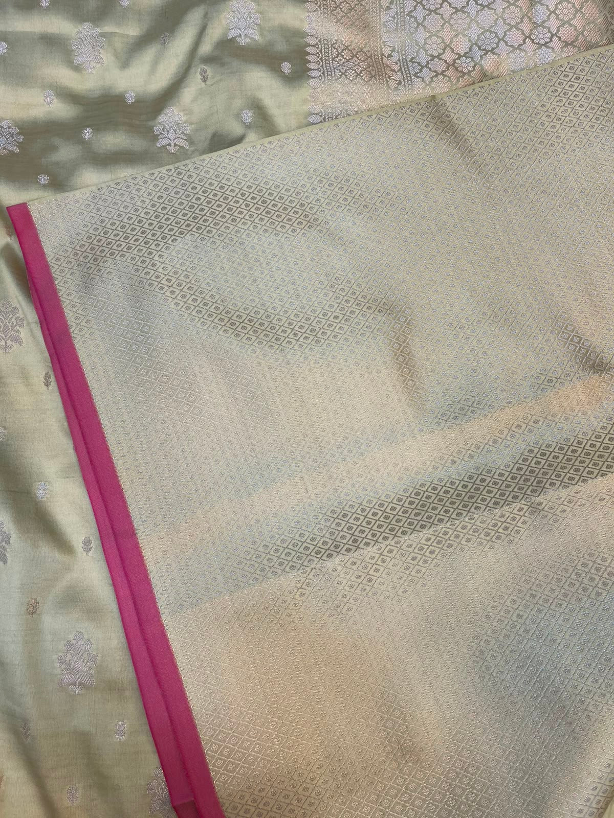Pista Green Banarasi Soft Katan Silk Saree with Traditional Golden Floral Butis & Rich Pallu