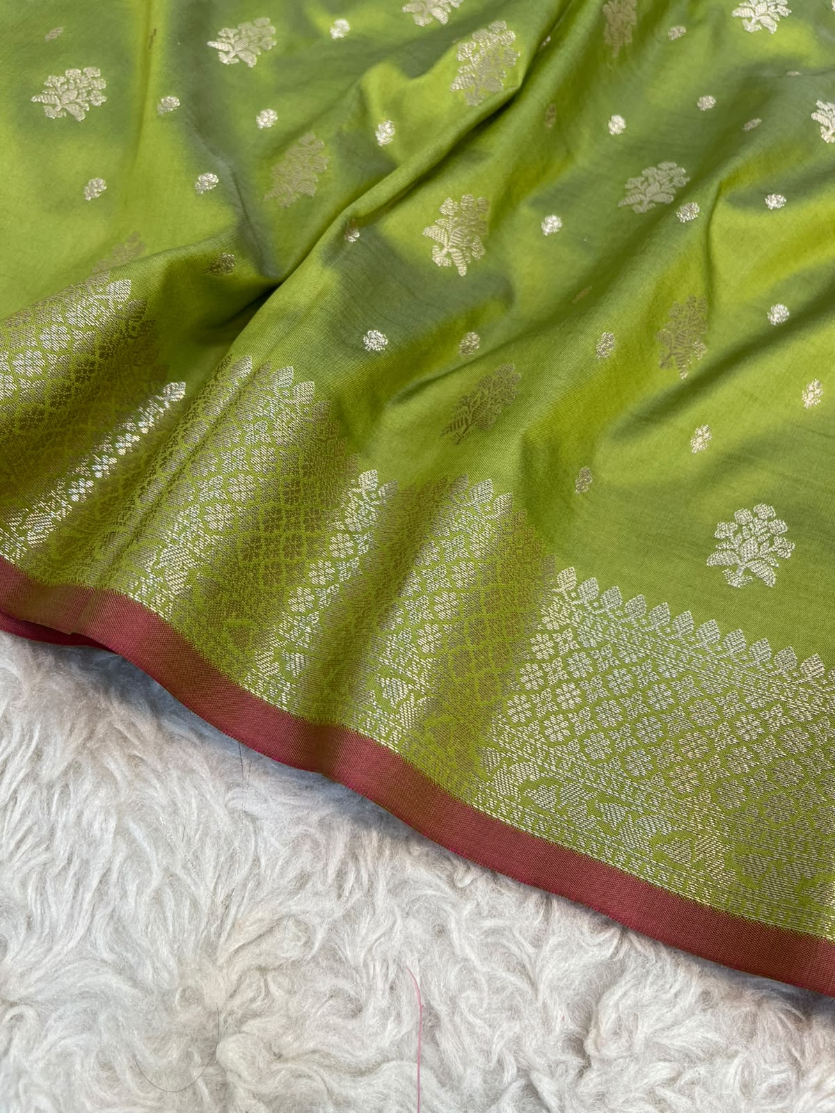 Olive Green Banarasi Soft Katan Silk Saree with Traditional Golden Floral Butis & Rich Pallu