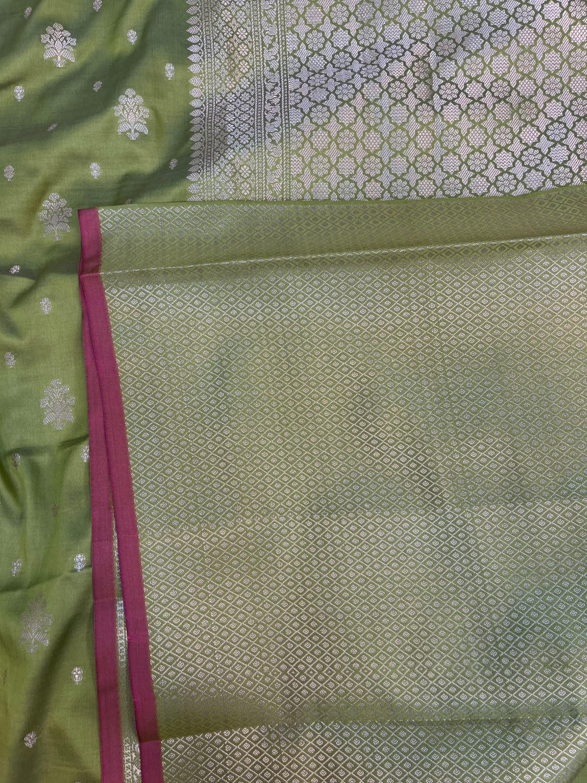 Olive Green Banarasi Soft Katan Silk Saree with Traditional Golden Floral Butis & Rich Pallu