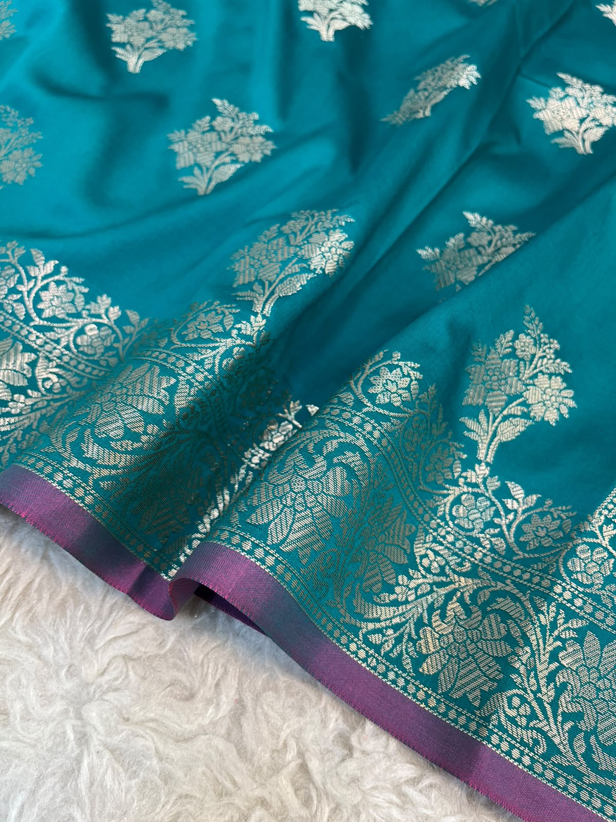 Peacock Teal Banarasi Katan Silk Saree with All-Over Floral Buta Work