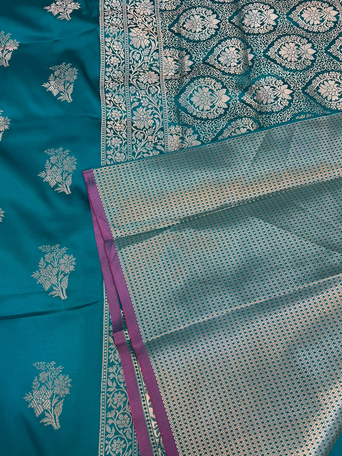 Peacock Teal Banarasi Katan Silk Saree with All-Over Floral Buta Work