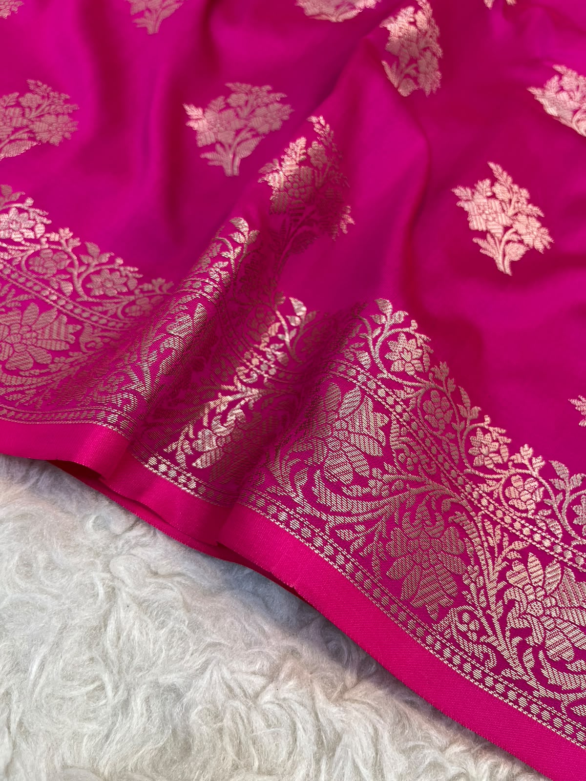 Dark Pink Banarasi Katan Silk Saree with All-Over Floral Buta Work